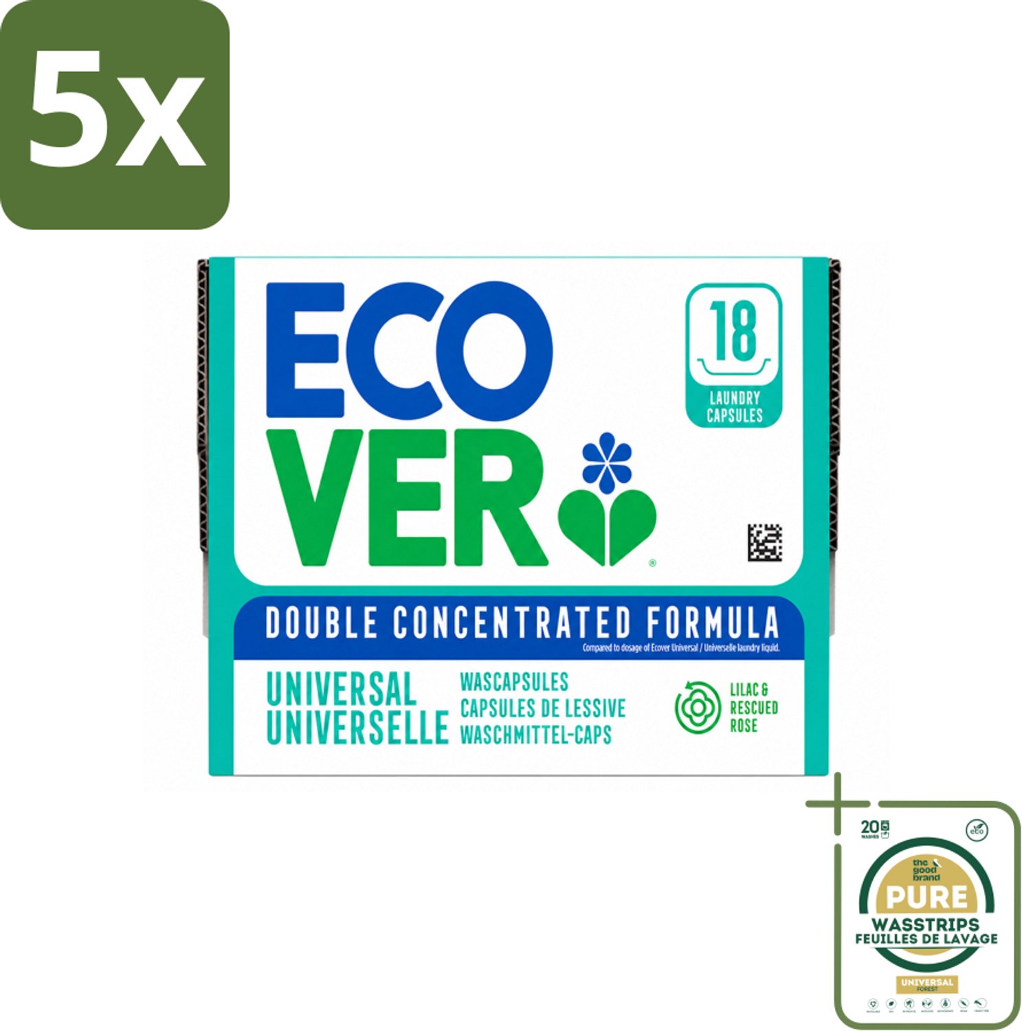 5 x Ecover - Wascapsules - Universal - Lilac & Rescued Rose - 18 Capsules - Wasstrips - Wasmiddel - Wascapsules - Wascapsules Universal - Wascapsules Lilac - Wascapsules Rose
