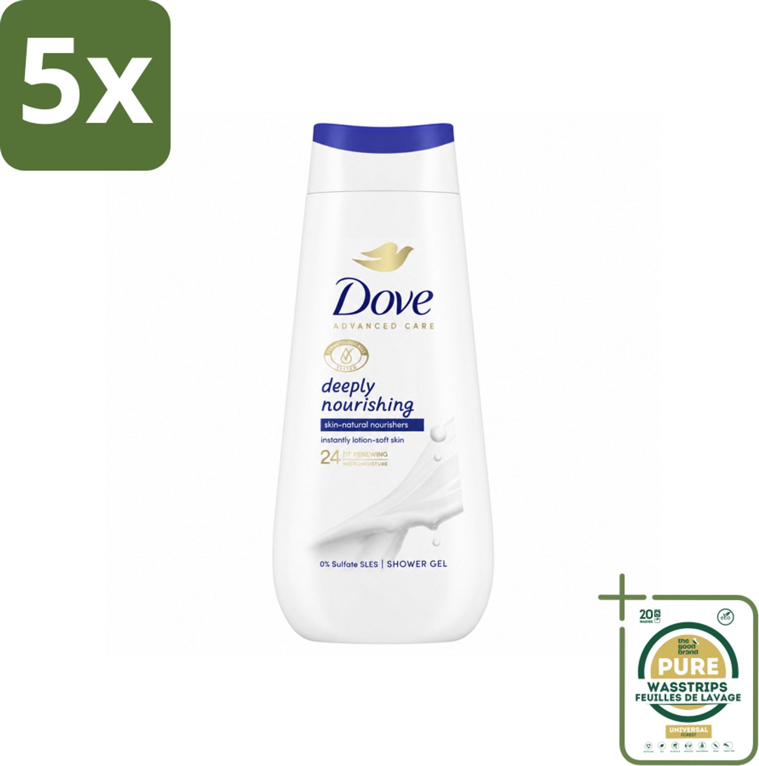 5 x Dove Douchecrème - Deeply Nourishing - 225 ml - Wasstrips - Douchegel - Droge Huid - Hydraterend - Verzorgende Douchegel - Micromoisture