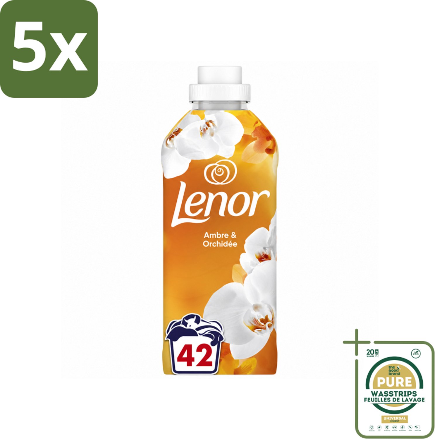 5 x Lenor - Wasverzachter - Amber & Orchidee - Fris & Zacht - 42 Wasbeurten - Wasstrips - Wasverzachter - Fris - Ontspannen - Geur - Wasgeur
