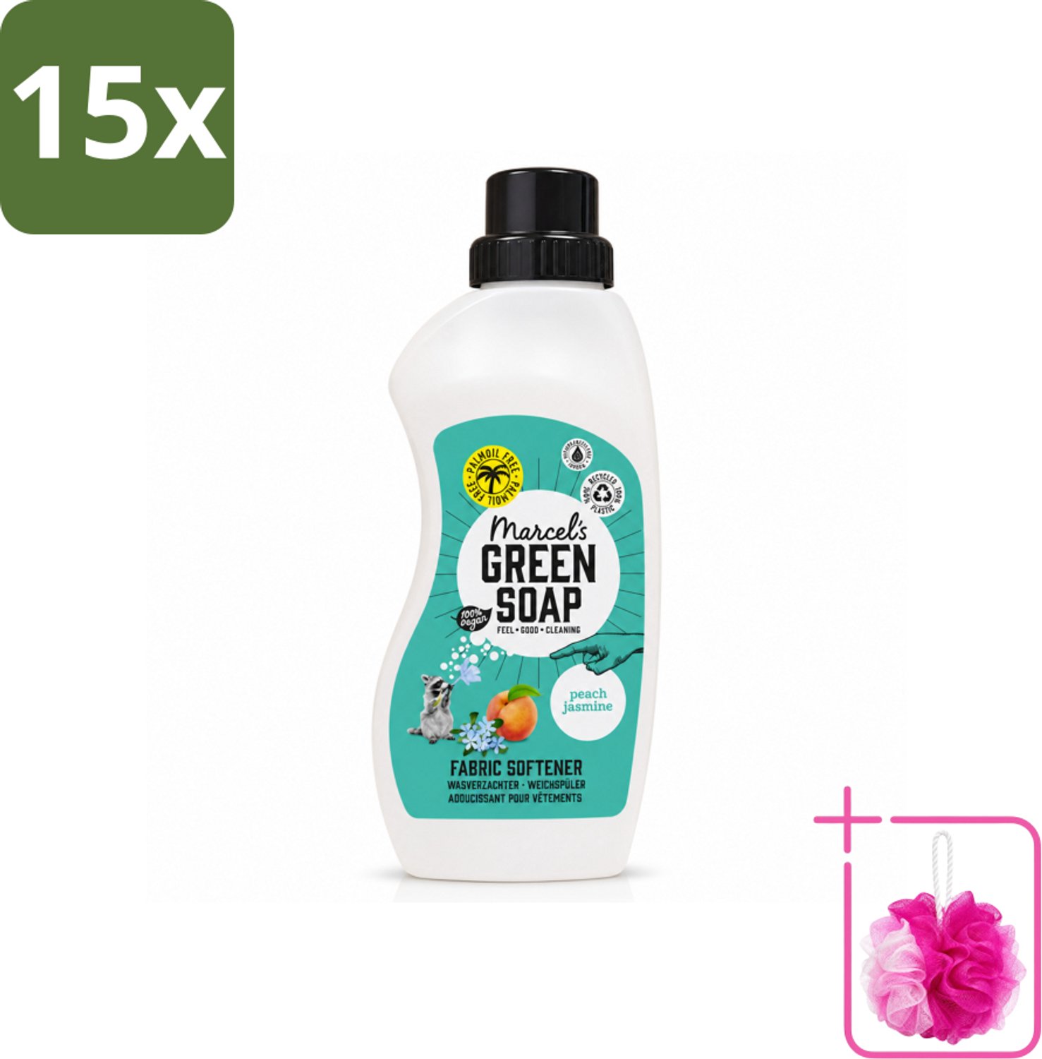15 x Marcel's Green Soap - Wasverzachter - Perzik & Jasmijn - Zachte frisheid - 30 Wasbeurten - 750 ml - Bulkverpakking - Wasverzachter - Douchemop - Wasmiddel