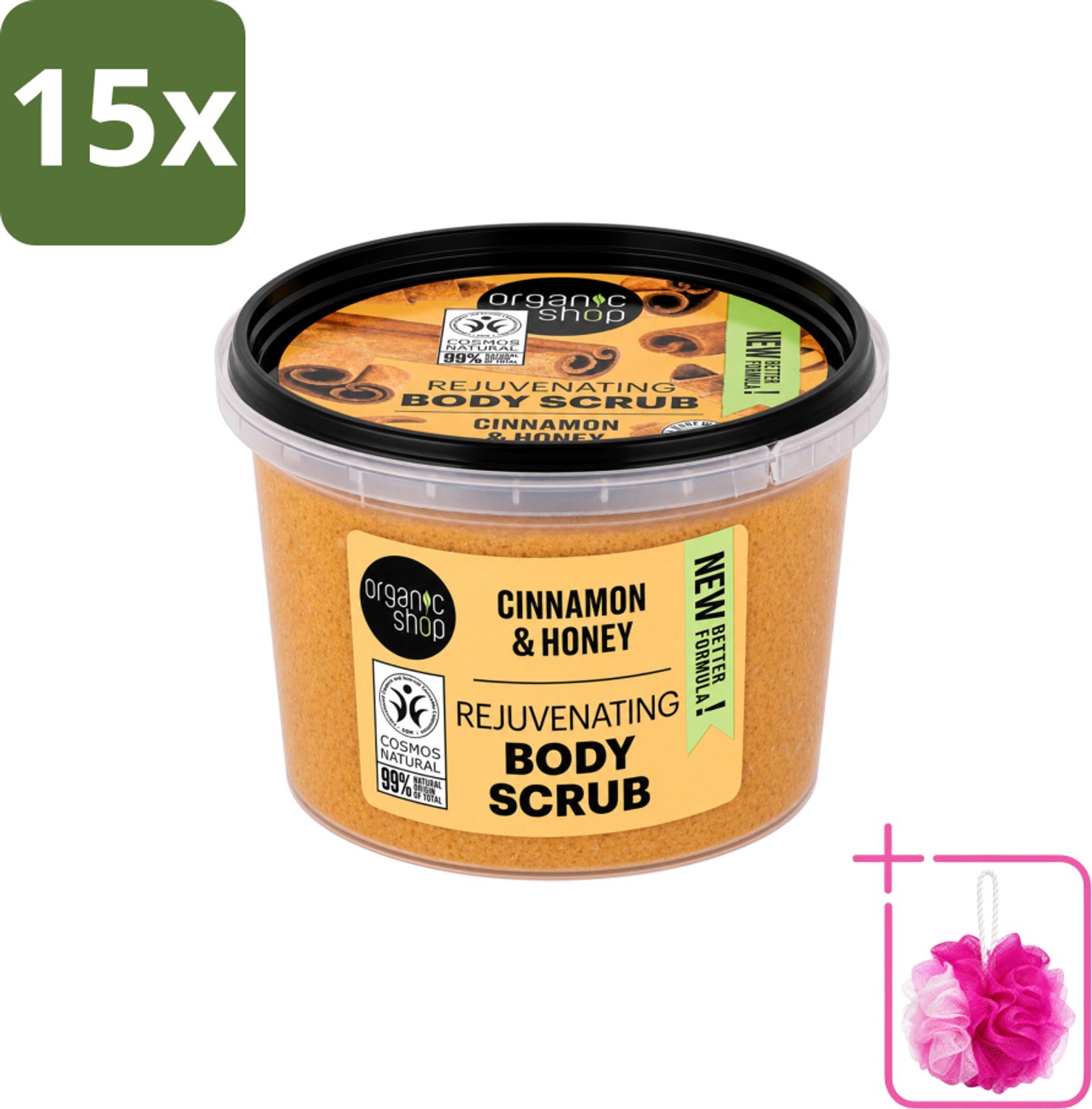 15 x Organic Shop - Rejuvenating Body Scrub Cinnamon - Exfoliërend en Hydraterend - 250 ml - Bulkverpakking - Exfoliatie - Douchemop - Huidvernieuwing