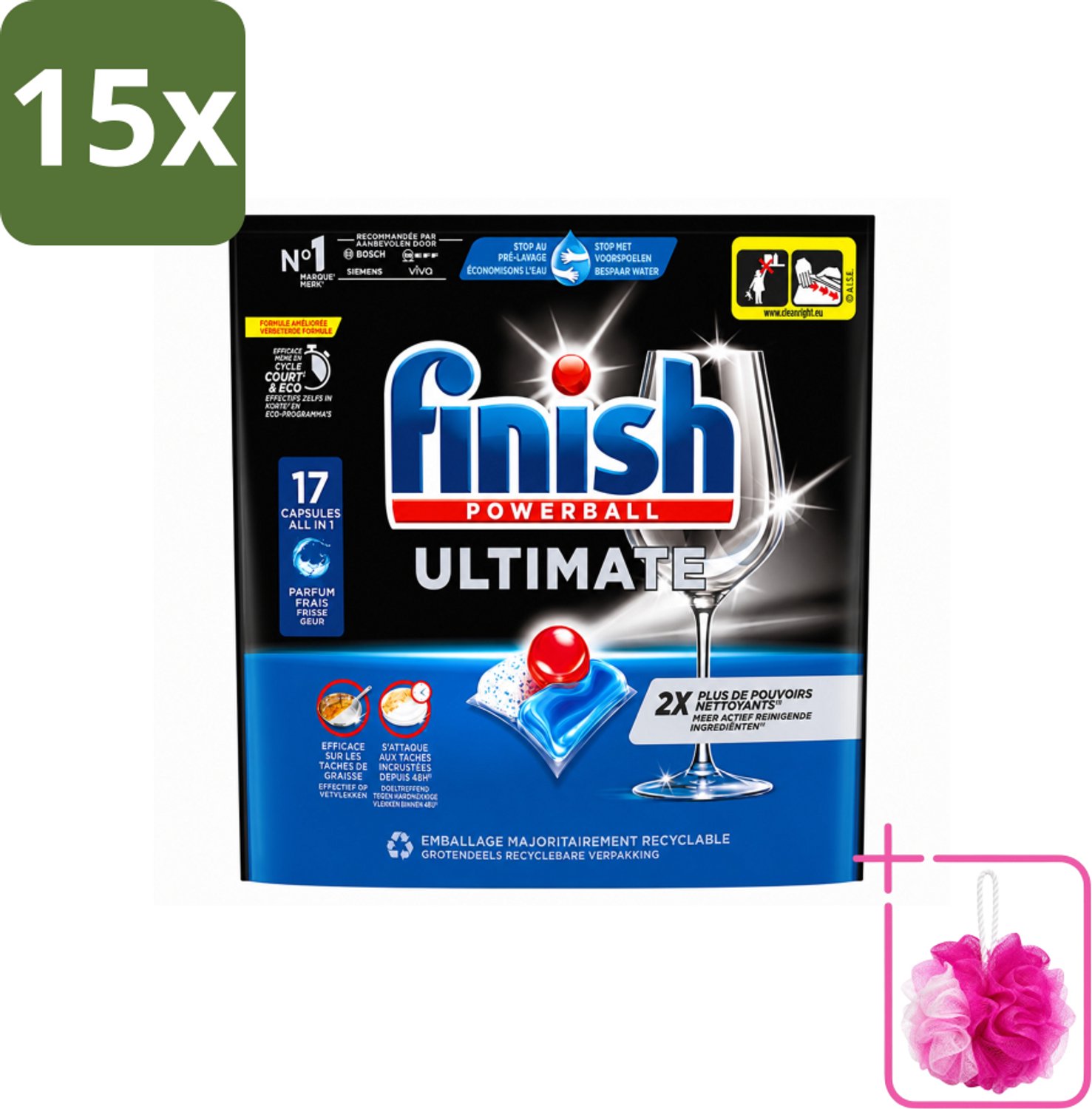 15 x Finish - Vaatwasmiddel - Ultimate Vaatwastabletten Regular - Krachtige Reiniging - 17 capsules - Bulkverpakking - Vaatwastabletten - Douchemop - Vaatwasser