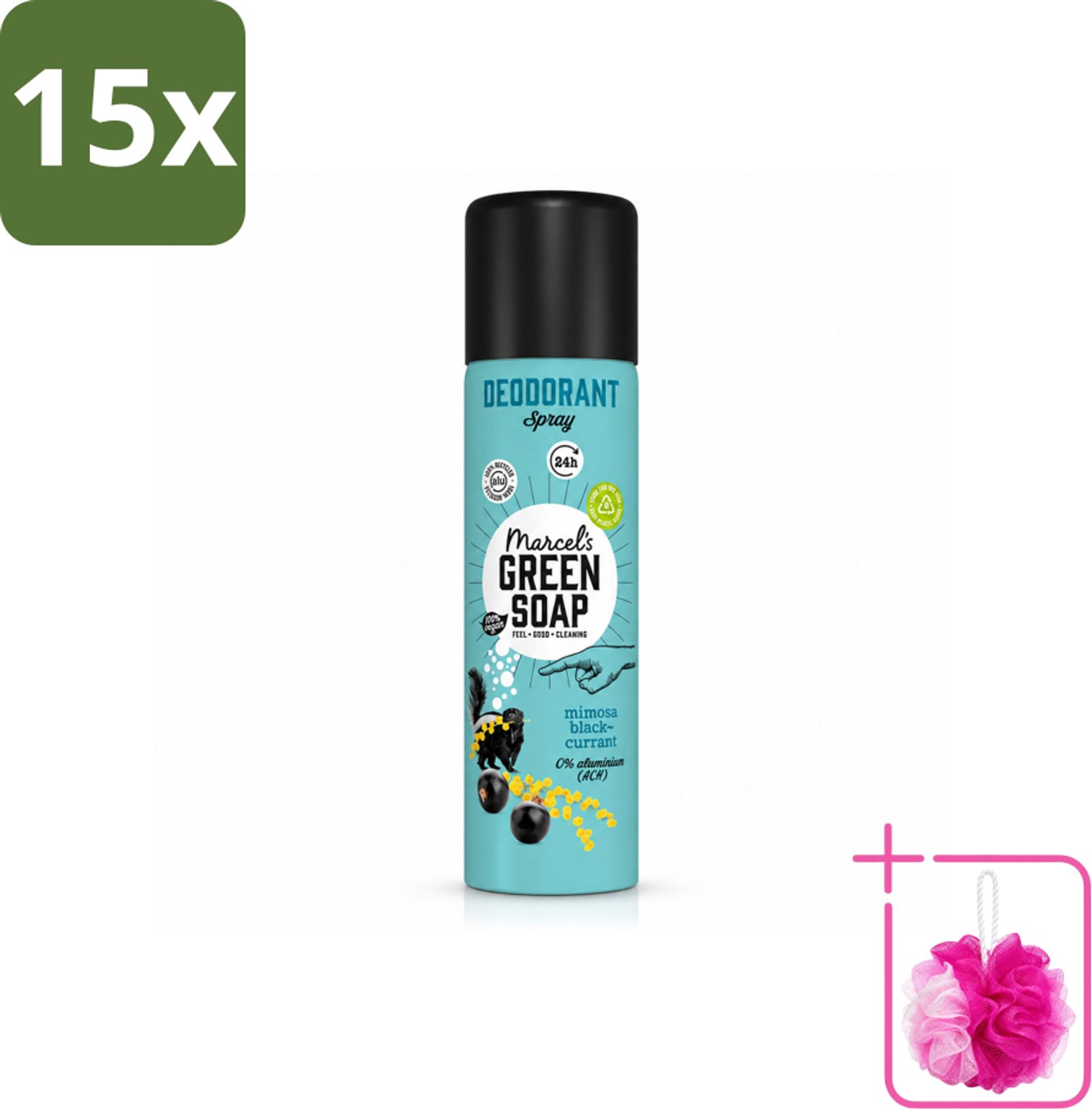 15 x Marcel's Green Soap - Deodorant Spray - Mimosa & Blackcurrant - Langdurige frisheid - 150 ml - Bulkverpakking - Deodorant Spray - Douchemop - Geur