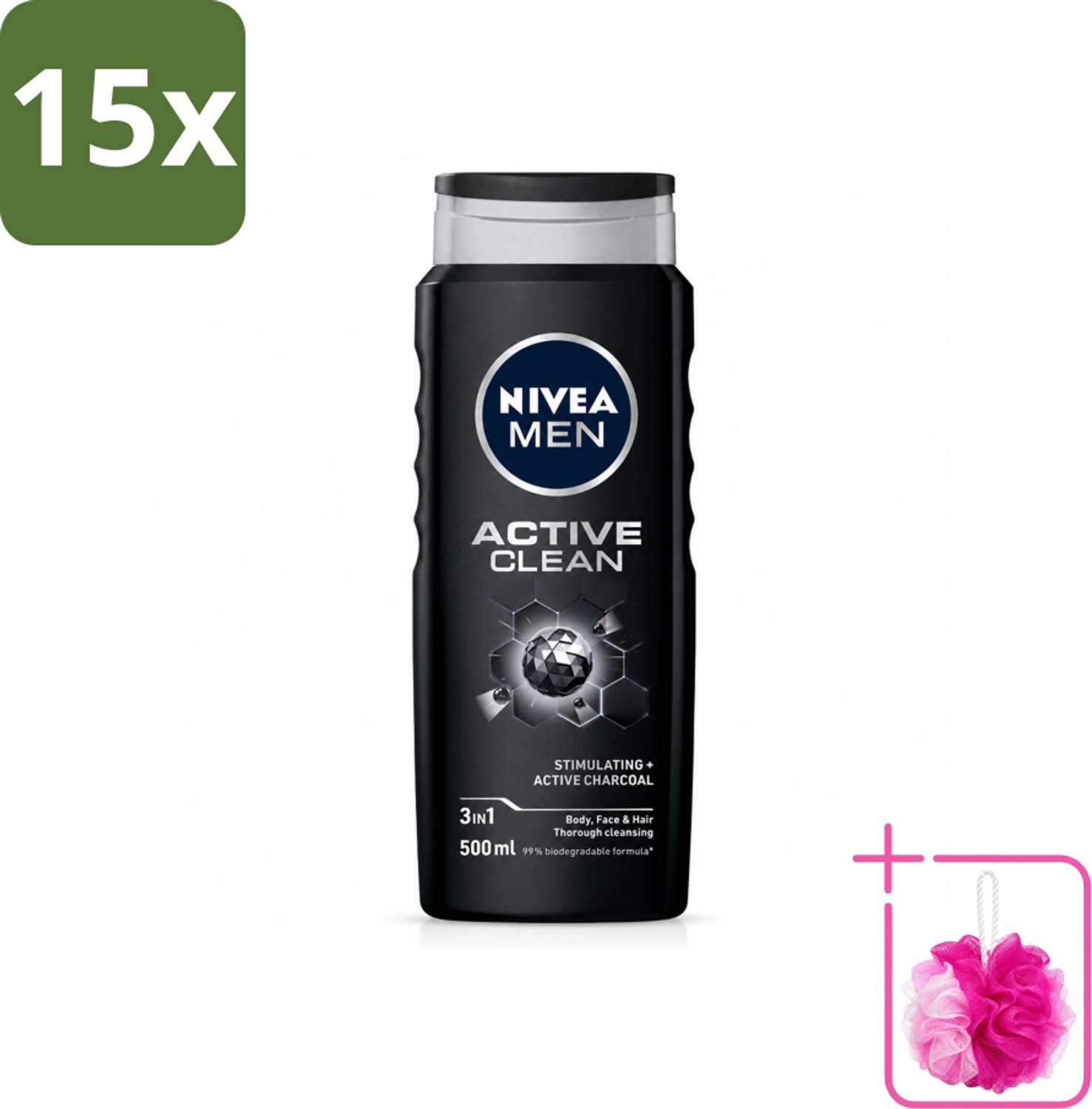 15 x NIVEA MEN - Douchegel - Active Clean - 500 ml - Bulkverpakking - Douchegel mannen - Douchemop - Actief houtskool