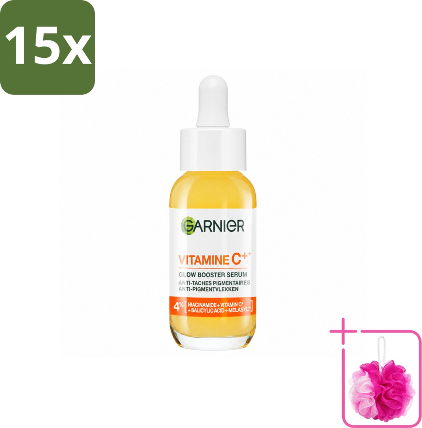 15 x Garnier - SkinActive - Serum - Vitamine C - Tegen Pigmentvlekken - Niacinamide & Salicylzuur - 30 ml - Bulkverpakking - Vitamine c serum - Douchemop - Pigmentvlekken