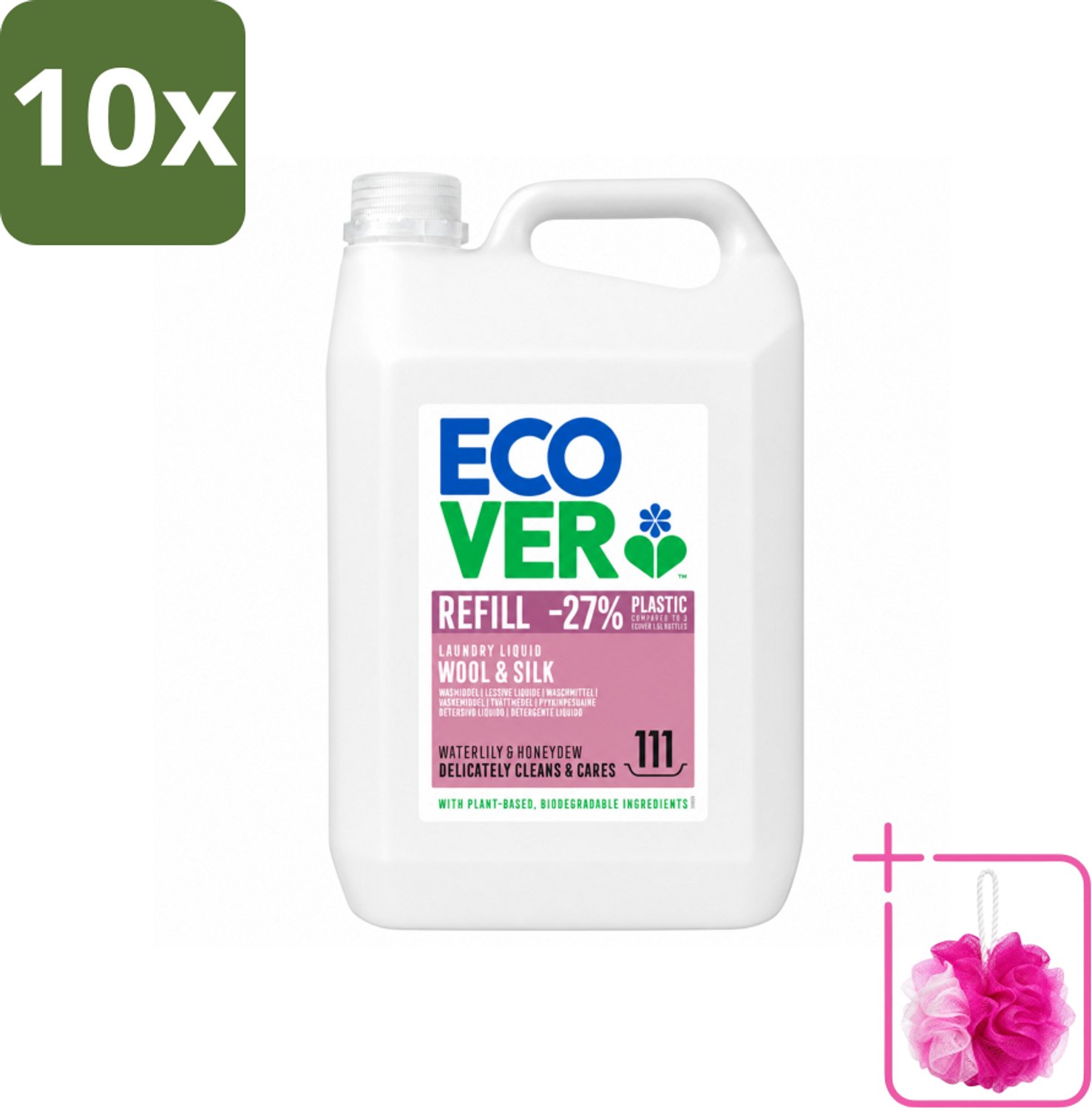 10 x Ecover - Vloeibaar wasmiddel - Wol & Fijnwas - Waterlelie & Honingmeloen - 5 liter - 111 wasbeurten - Bulkverpakking - Fijnwas - Douchemop - Wolwas