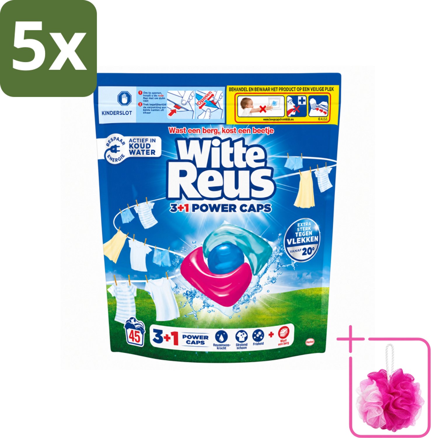 5 x Witte Reus - 3+1 Power Caps - Witte Was - 45 Wasbeurten - Bulkverpakking - Witte Reus Power Caps - Douchemop - Waskracht