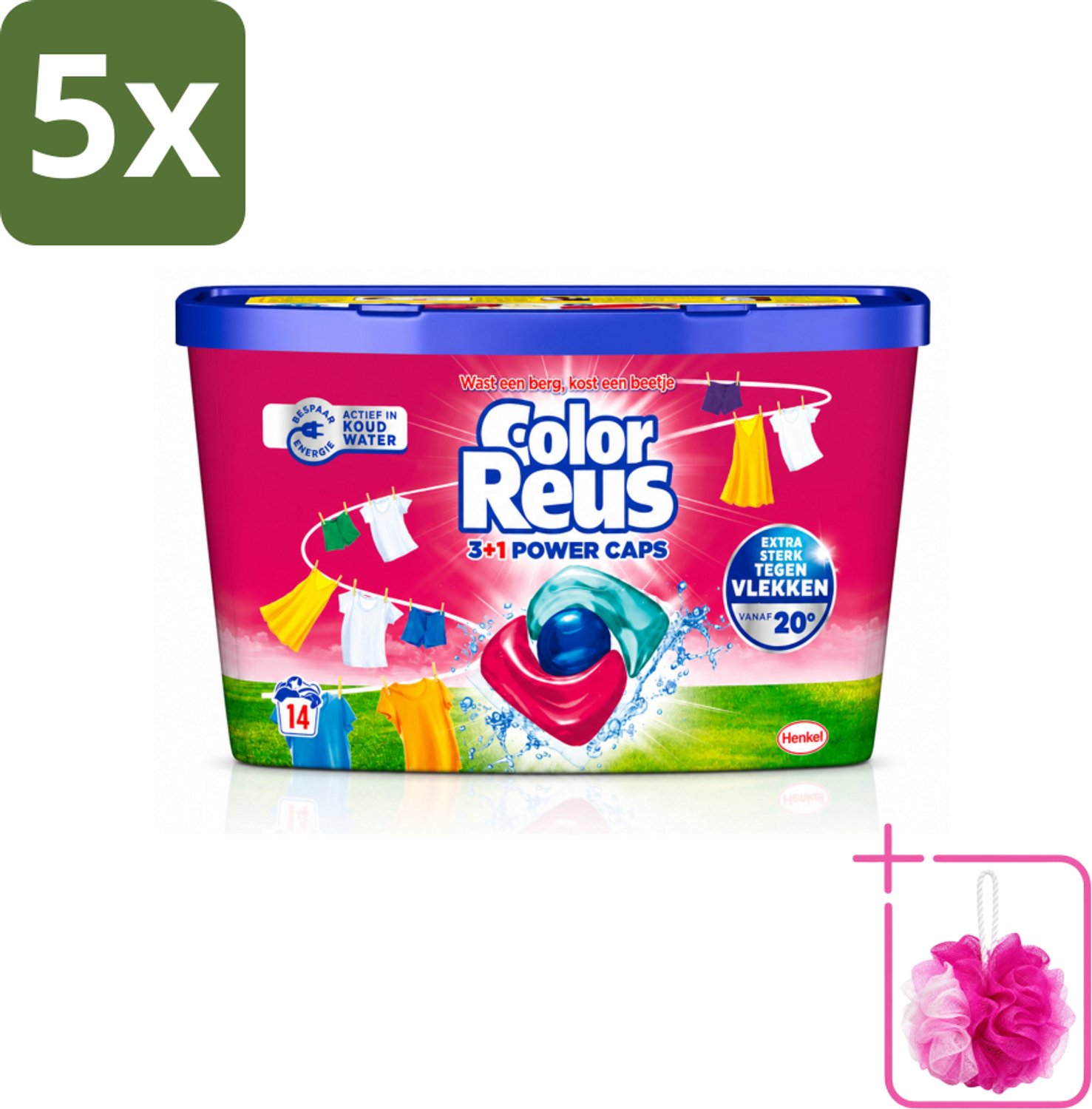 5 x Color Reus - 3+1 Power Caps - Gekleurde Was - 14 Wasbeurten - Bulkverpakking - Kleurbehoud - Douchemop - Wasmiddelcapsule