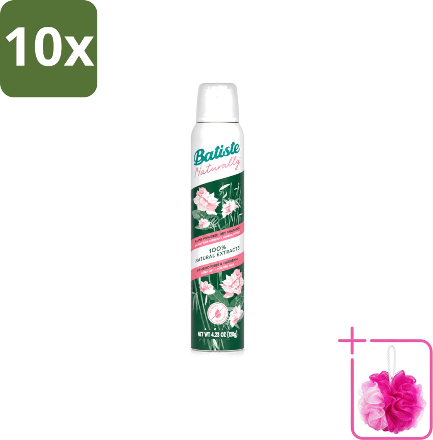 10 x Batiste - Naturally Bamboo Fibre & Gardenia - Droogshampoo - Versterkt en Verfrist - 100% Natuurlijk - 200ml - Bulkverpakking - Natuurlijke haarkleur - Douchemop - Haarkleur verfrissen