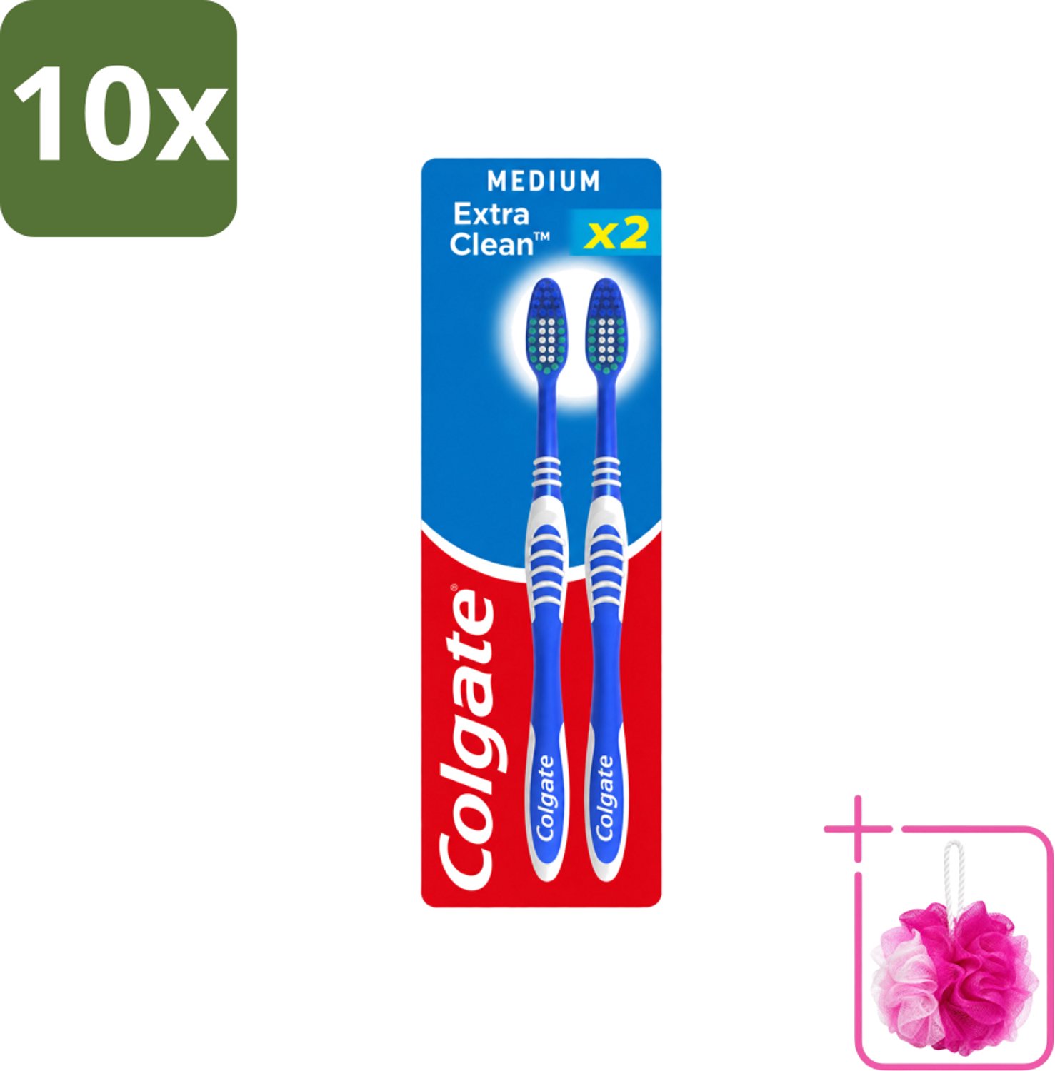 10 x Colgate - Tandenborstels - Extra Clean Duo - Medium - 2 borstels - Bulkverpakking - Tandenborstel - Douchemop - Mondhygiëne