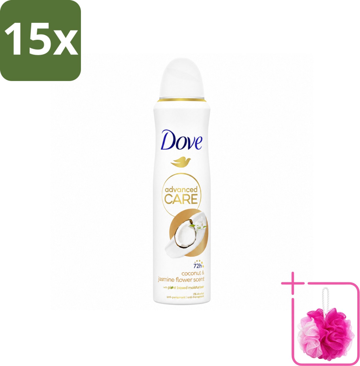 15 x Dove Deodorant Spray - Advanced Care - Kokos & Jasmijnbloem - 150 ml - Bulkverpakking - Dove Deodorant Spray - Douchemop - Kokos en jasmijn