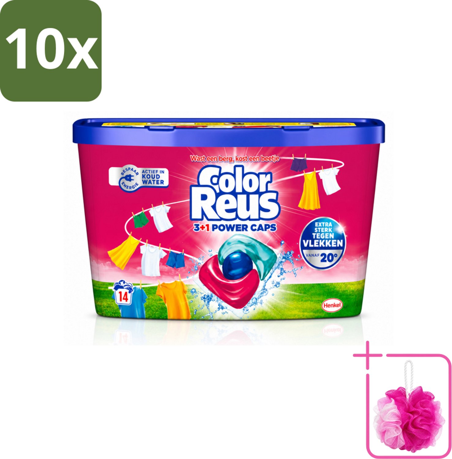 10 x Color Reus - 3+1 Power Caps - Gekleurde Was - 14 Wasbeurten - Bulkverpakking - Kleurbehoud - Douchemop - Wasmiddelcapsule