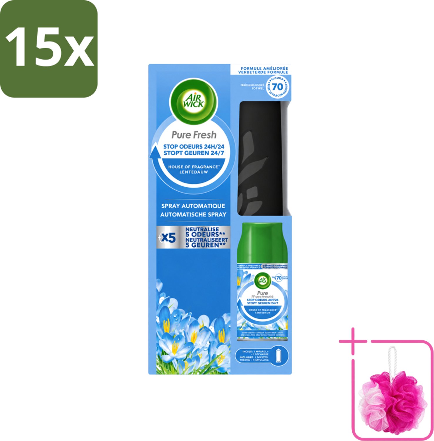 15 x Air Wick - Freshmatic Spray - Starterkit - Pure Fresh Lentedauw - 250 ml - Bulkverpakking - Automatische geurverneveling - Douchemop - Lentegeur