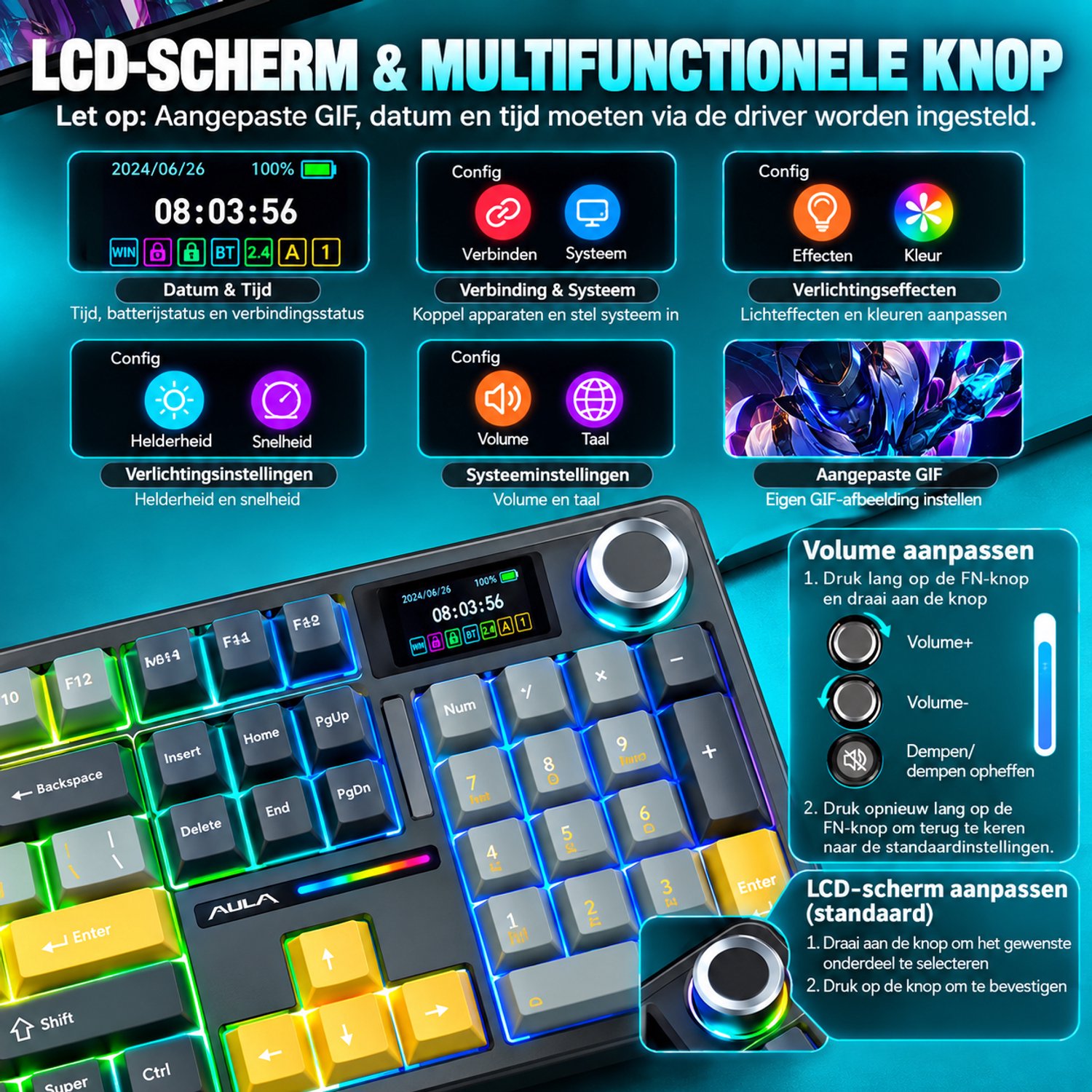 EPOMAKER x AULA F108 Pro - Zwart - Mechanisch Gaming Toetsenbord – LCD Display – RGB – Tri-Mode Draadloos – Hot-Swappable – Full Size - Reaper Switch thumbnail 5