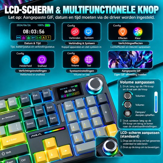 Detailweergave van het LCD-scherm en de multifunctionele knop op het AULA F108 Pro toetsenbord.