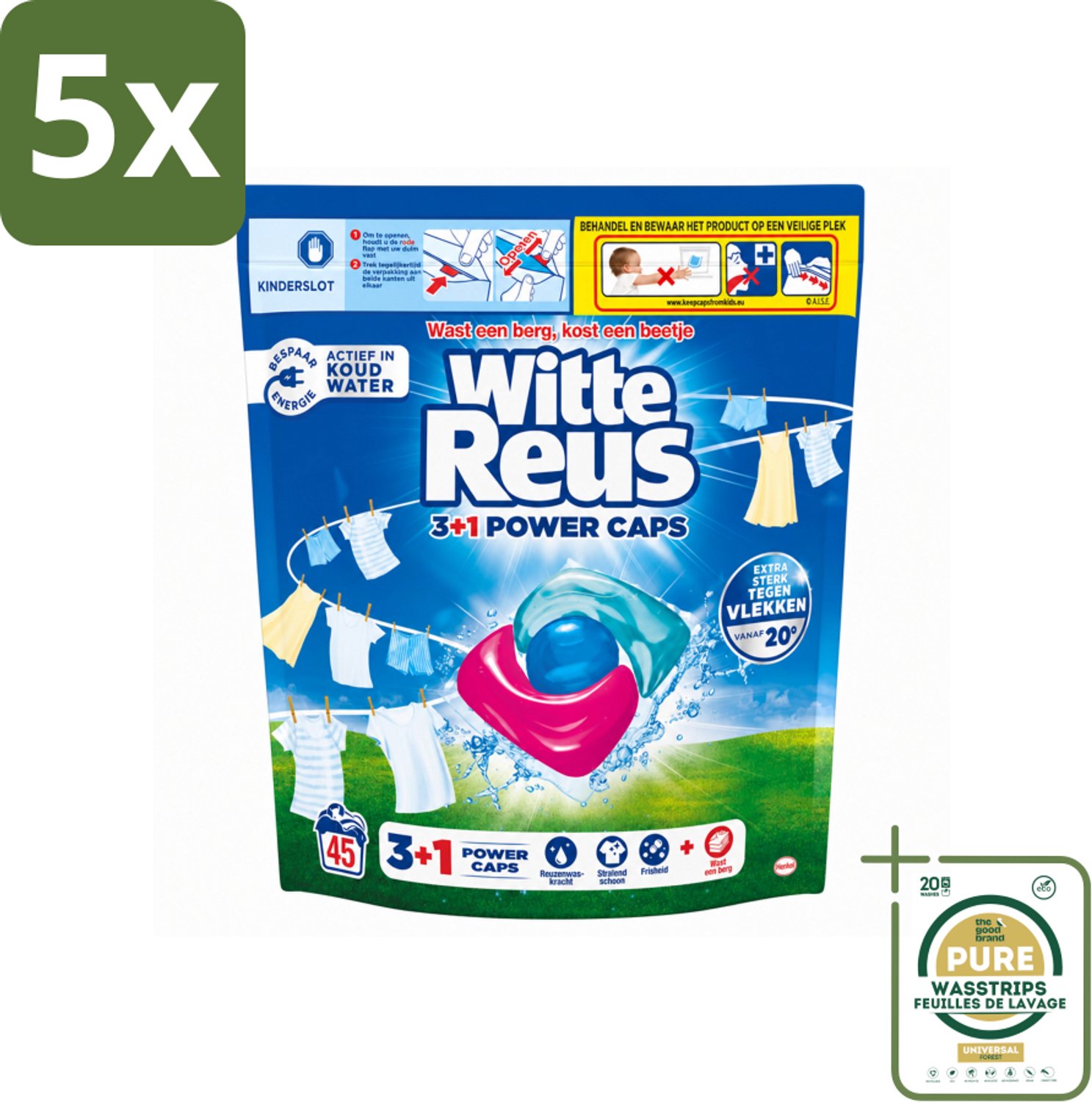 5 x Witte Reus - 3+1 Power Caps - Witte Was - 45 Wasbeurten - Wasstrips - Wasmiddel - Witte Was - Wascapsule - 3-in-1 Wasmiddel - Vlekverwijdering