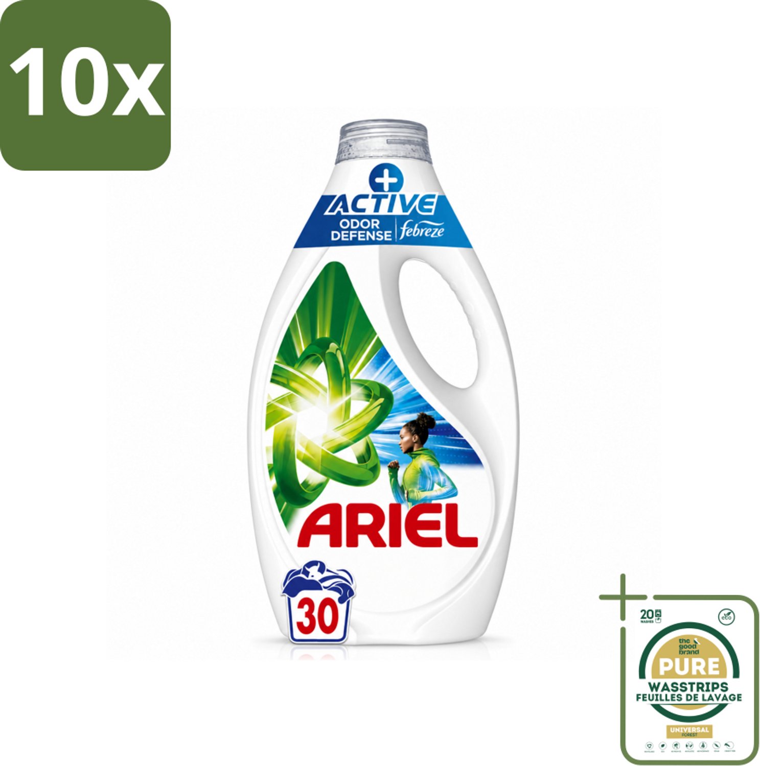 10 x Ariel - Vloeibaar Wasmiddel - +Actieve Odor Defense - 30 Wasbeurten - 1,35 liter - Wasstrips - Vloeibaar Wasmiddel - Geurverwijdering - Zweetgeuren - Wasmiddel Met Febreze - Sportkleding Was