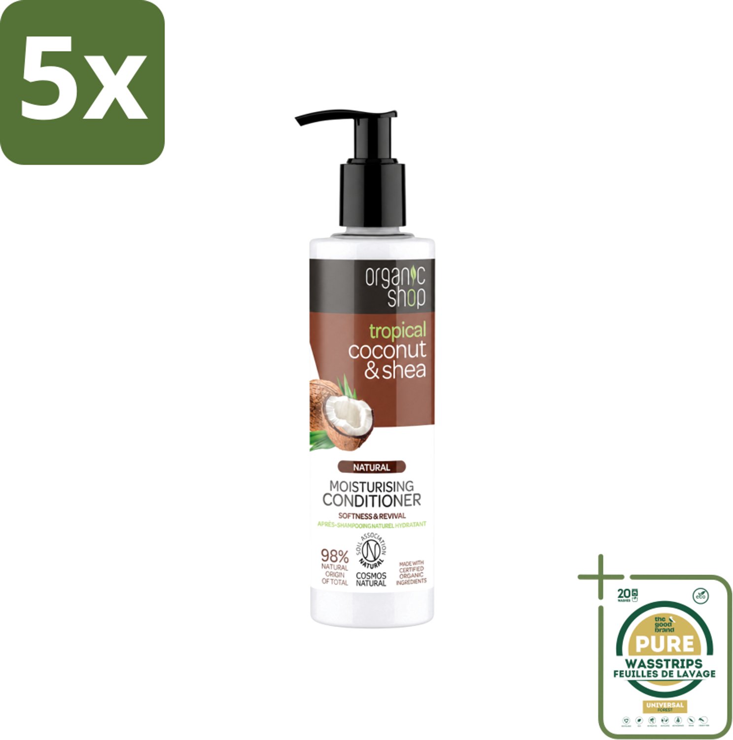 5 x Organic Shop - Coconut & Shea Conditioner - Verzorgend en Voedend - 280 ml - Wasstrips - Haarverzorging - Droog Haar - Haarherstel - Natuurlijke Ingrediënten - Kokosolie
