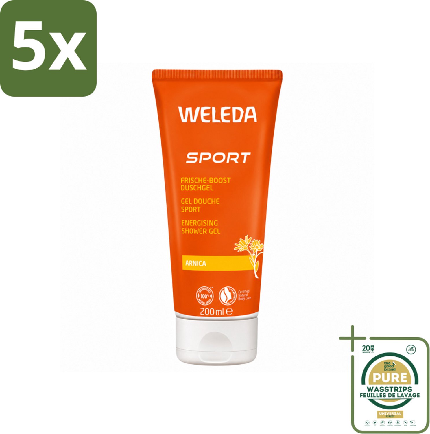 5 x WELEDA - Douchegel Sport - Arnica - 200 ml - Wasstrips - Douchegel Sport - Herstel Na Sporten - Arnica Douchegel - Natuurlijke Douchegel - Verfrissende Douchegel