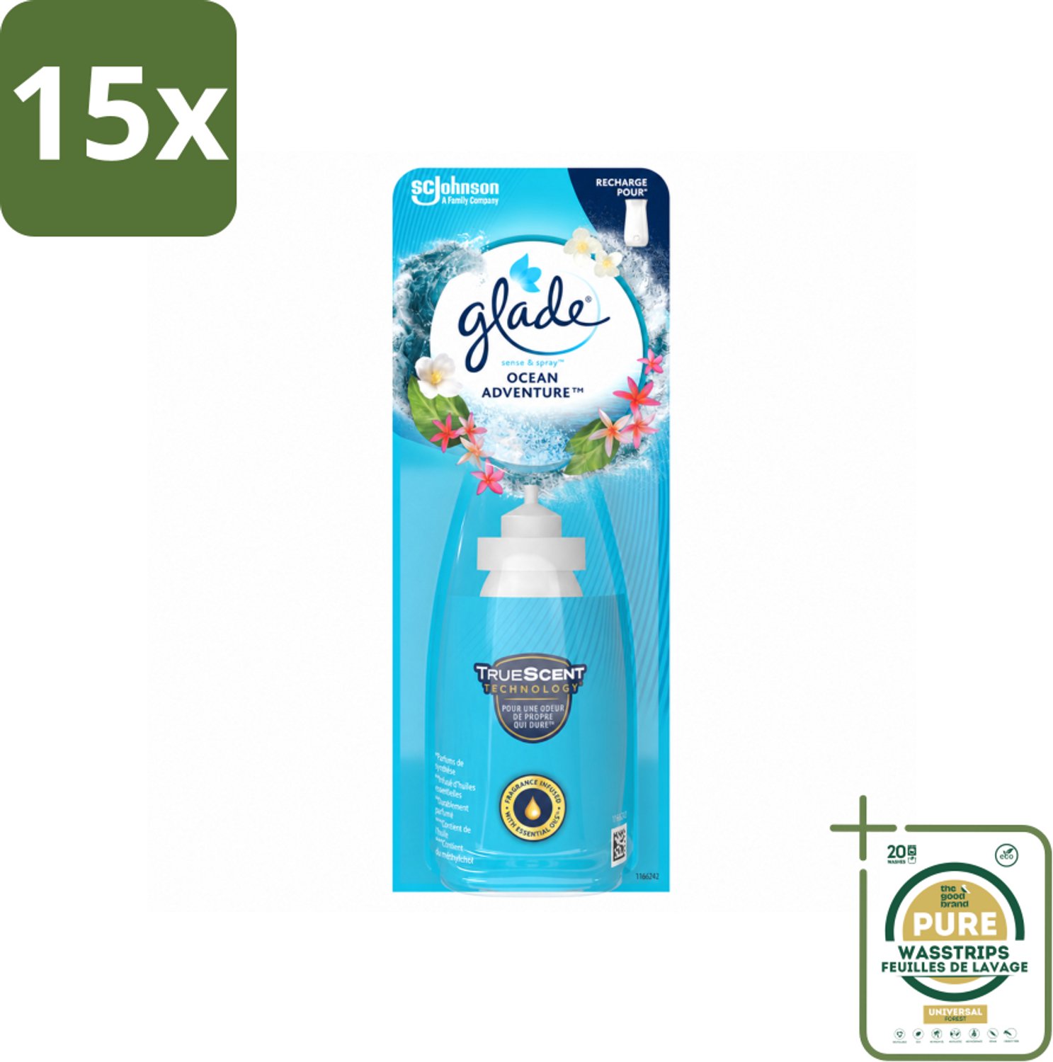 15 x Glade - Sense & Spray - Ocean Adventure - 18 ml - Wasstrips - Luchtverfrisser - Zeegeur - Citrusgeur - Bloemengeur - Automatische Geur