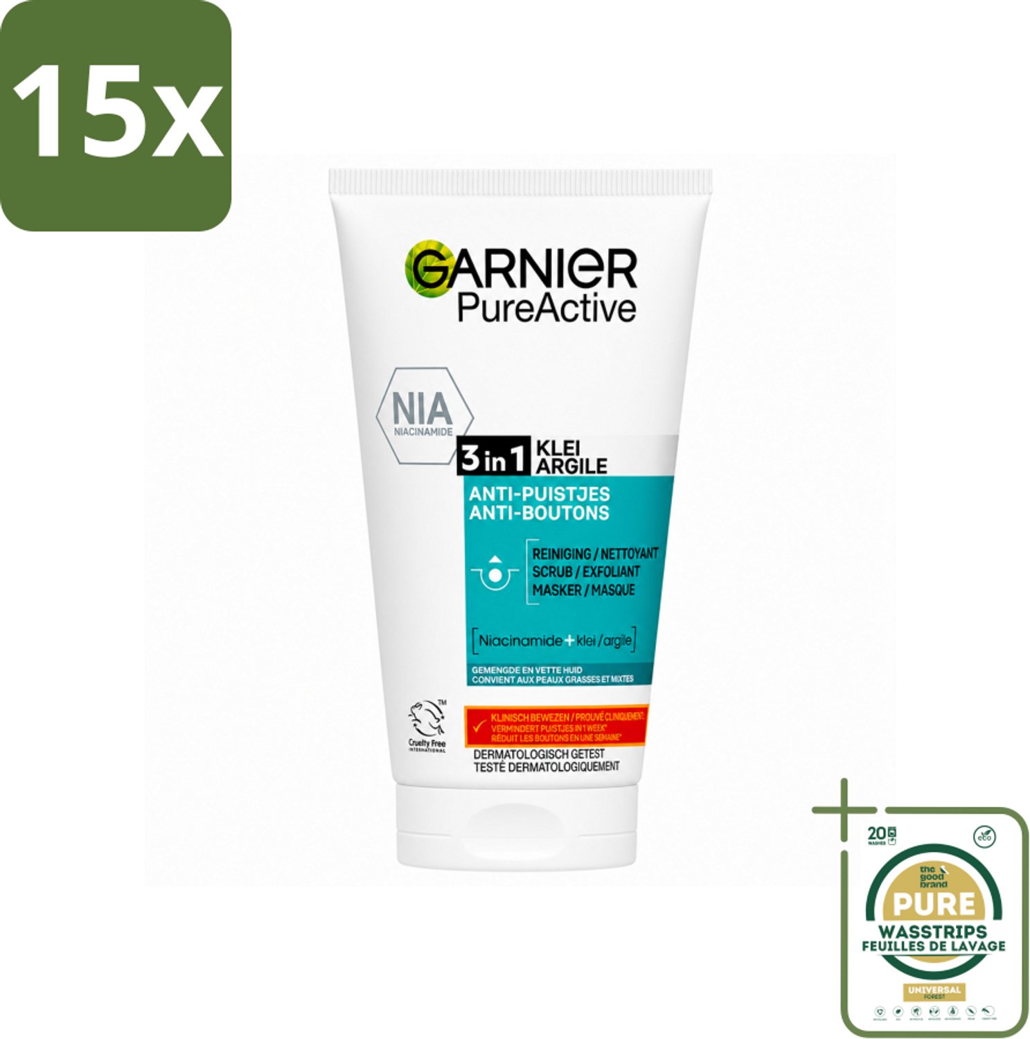 15 x Garnier - Pure Active - 3-in-1 Reiniging Scrub Masker - Tegen Puistjes & Onzuiverheden - Klei & Niacinamide - 150 ml - Wasstrips - 3-in-1 Reiniging - Puistjes - Onzuiverheden - Huidverzorging - Matte Huid