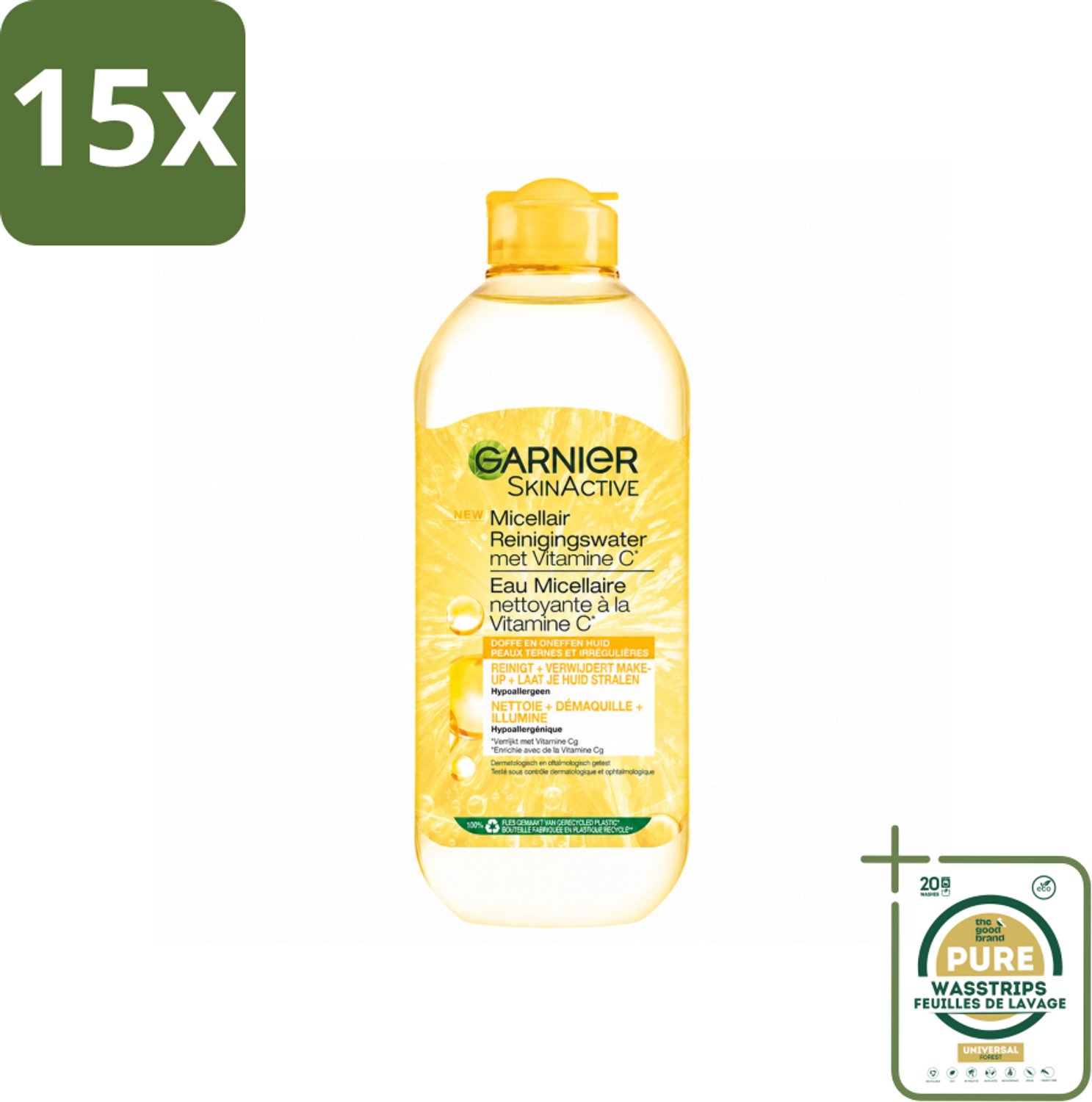 15 x Garnier - SkinActive - Micellair Water - Vitamine C - Reinigingswater - 400 ml - Wasstrips - Micellair Reinigingswater - Vitamine C - Huid Reinigen - Make-up Verwijderen - Stralende Huid