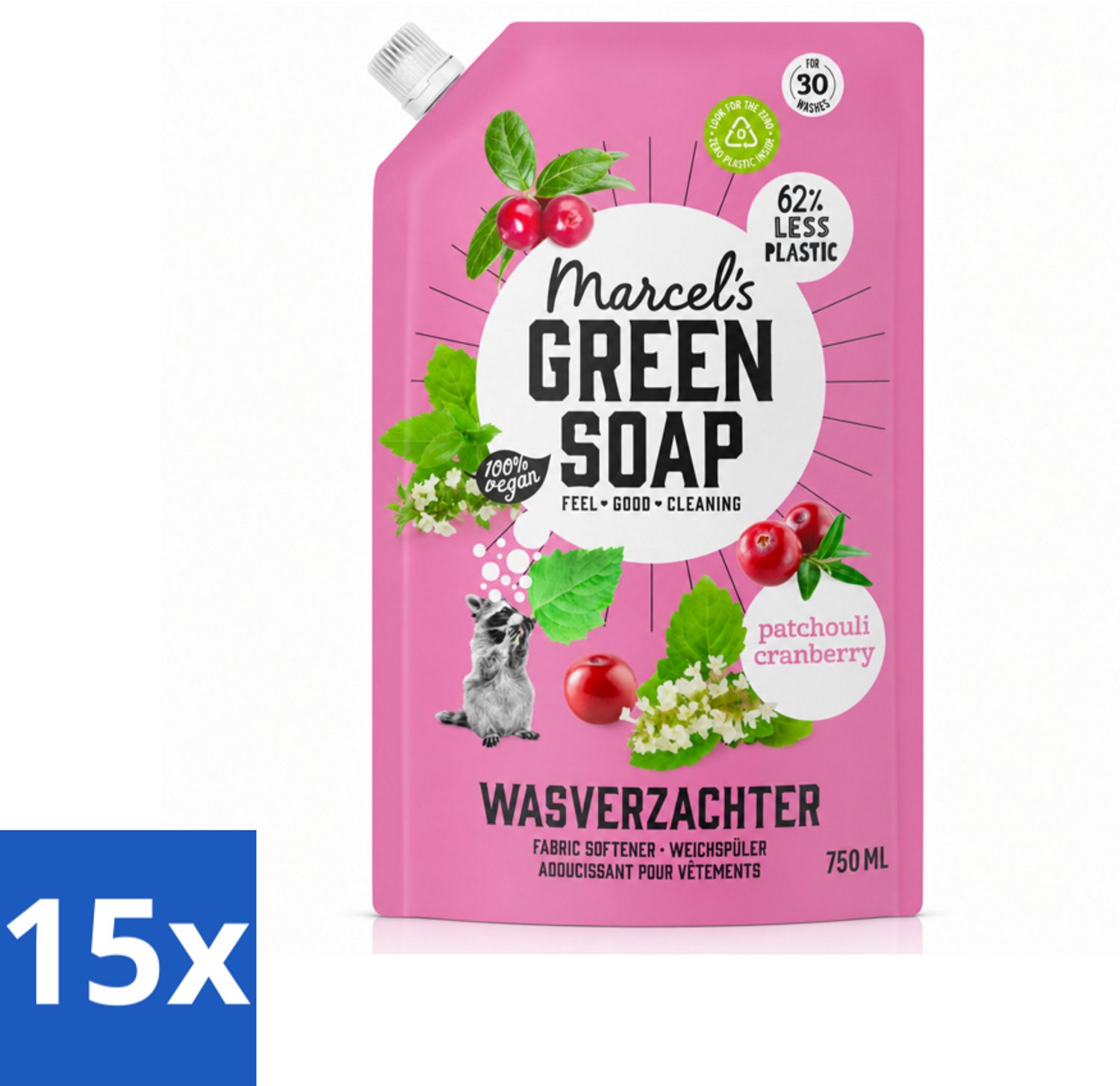 15 x Marcel’s Green Soap – Wasverzachter – Patchouli & Cranberry - Navulling – 750 ml - Voordeelverpakking - 15 stuks
