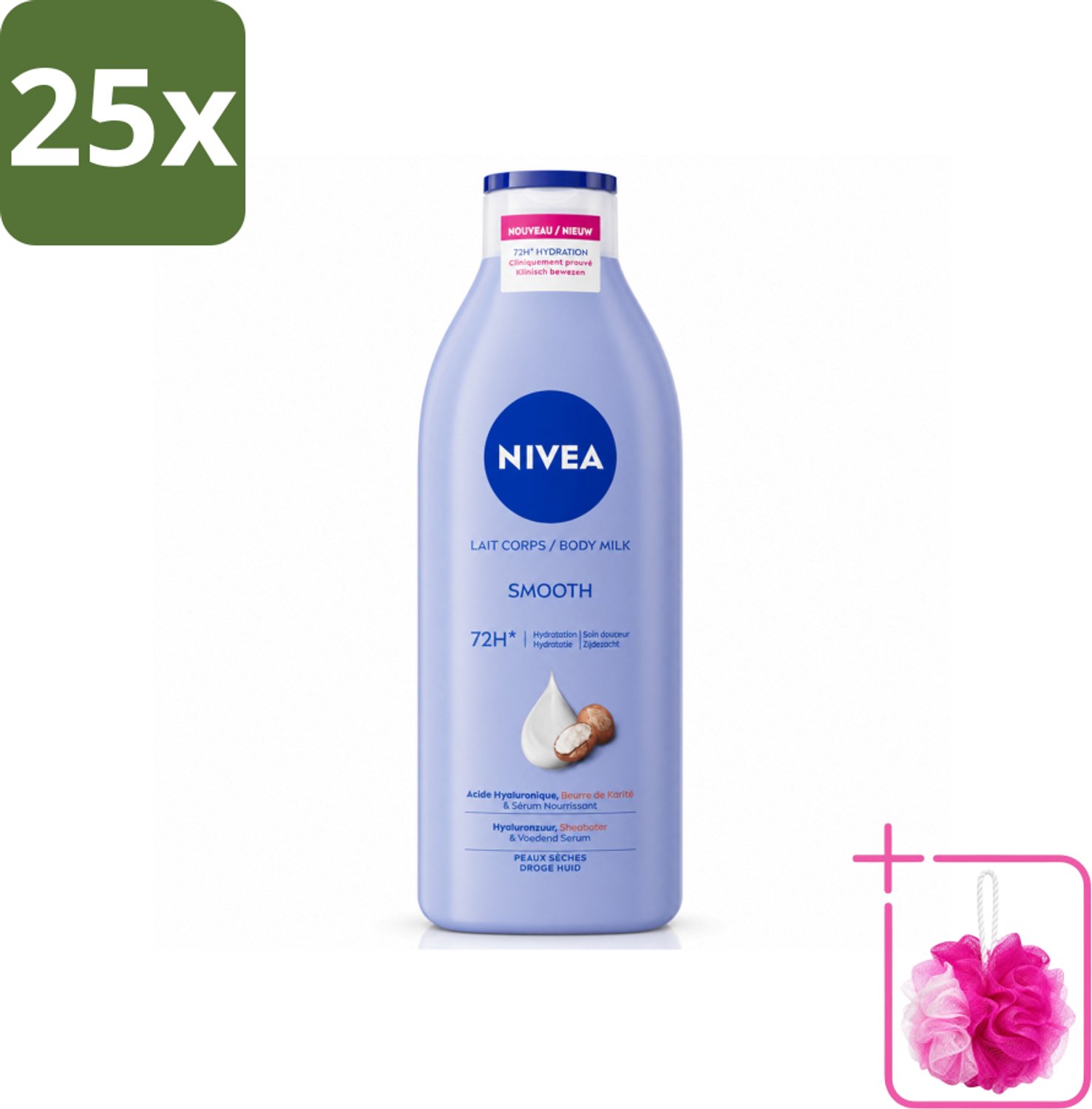 25 x Nivea - Smooth Body Milk - Sheaboter - 72 uur Hydratatie - Voor Droge Huid - 400 ml - Bulkverpakking - Hydratatie - Douchemop - Droge huid