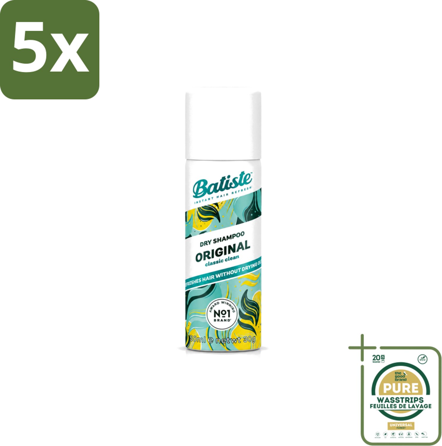 5 x Batiste - Classic Clean - Droogshampoo - Koele en Schone Geur - Verfrist en Geeft Grip - 50ml - Wasstrips - Droogshampoo - Haarverfrissend - Haaropfrissen - Sport Haar - Haar Opfrissen