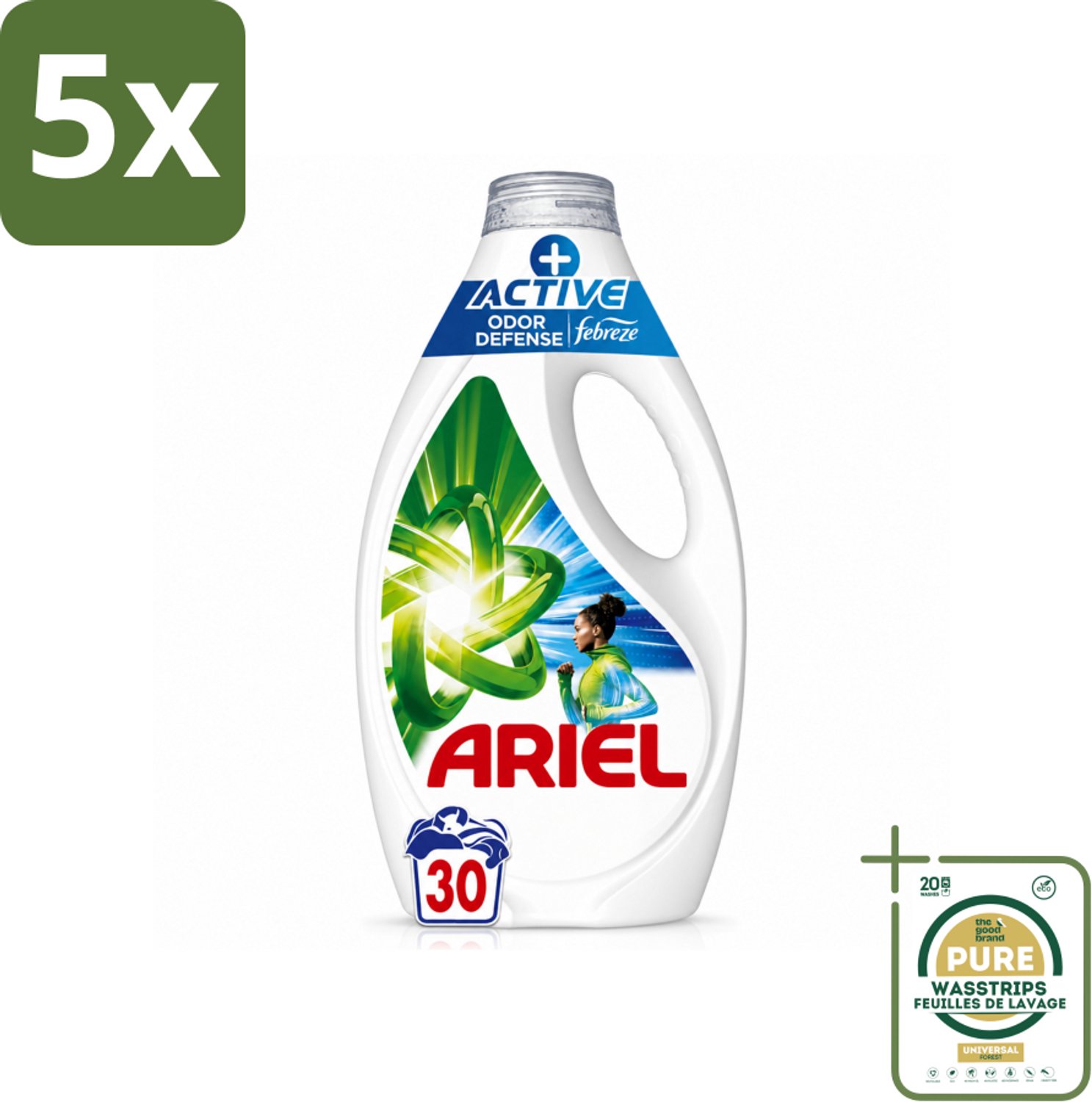 5 x Ariel - Vloeibaar Wasmiddel - +Actieve Odor Defense - 30 Wasbeurten - 1,35 liter - Wasstrips - Vloeibaar Wasmiddel - Geurverwijdering - Zweetgeuren - Wasmiddel Met Febreze - Sportkleding Was