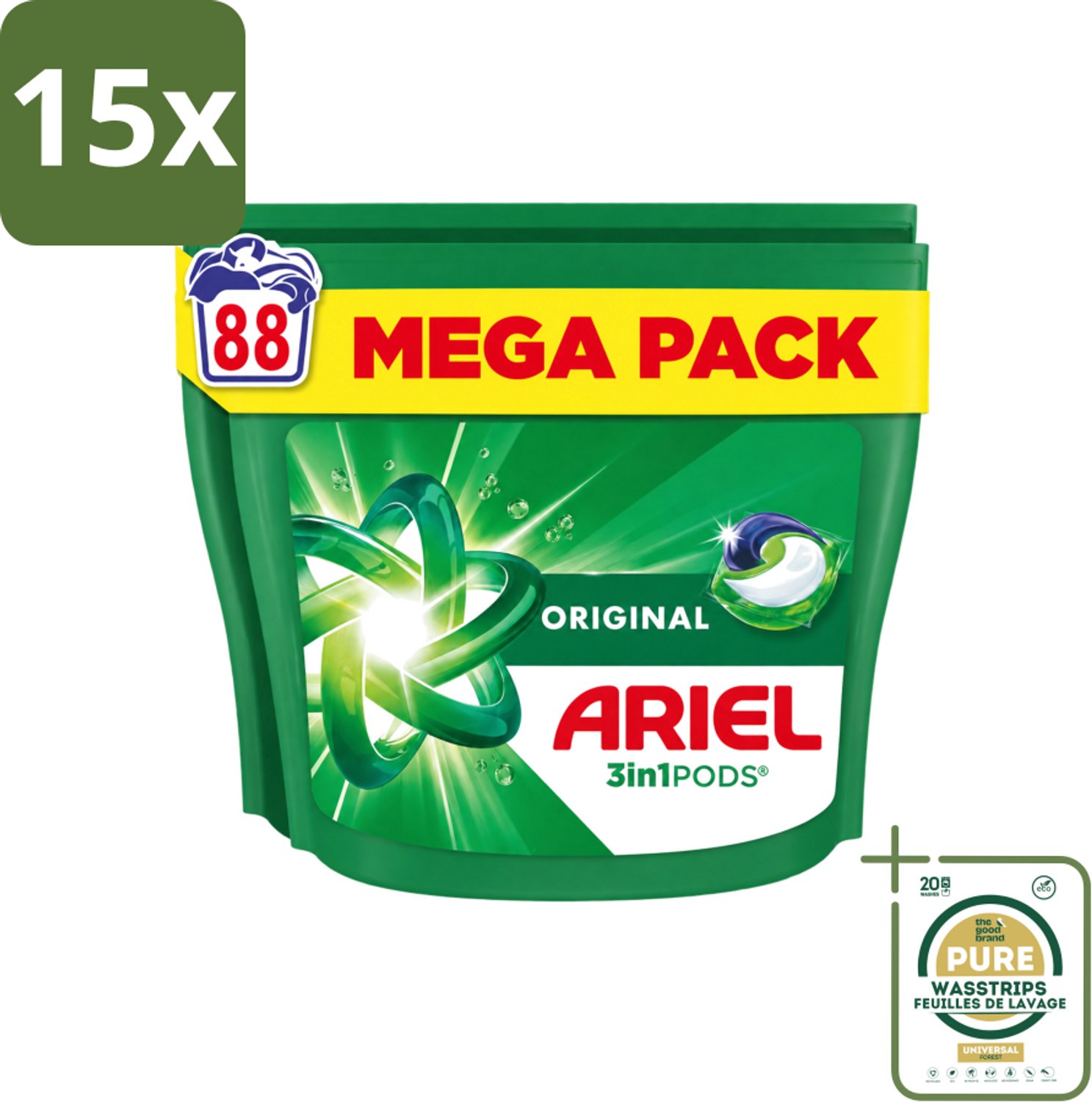 15 x Ariel - 3in1 Wasmiddel Pods - Original - 88 Pods - Wasstrips - Ariel 3in1 Wasmiddel - Wasmiddel Pod - Wasmiddel Voor Koud Water - Frisse Geur Wasmiddel - 3-in-1 Wasmiddel