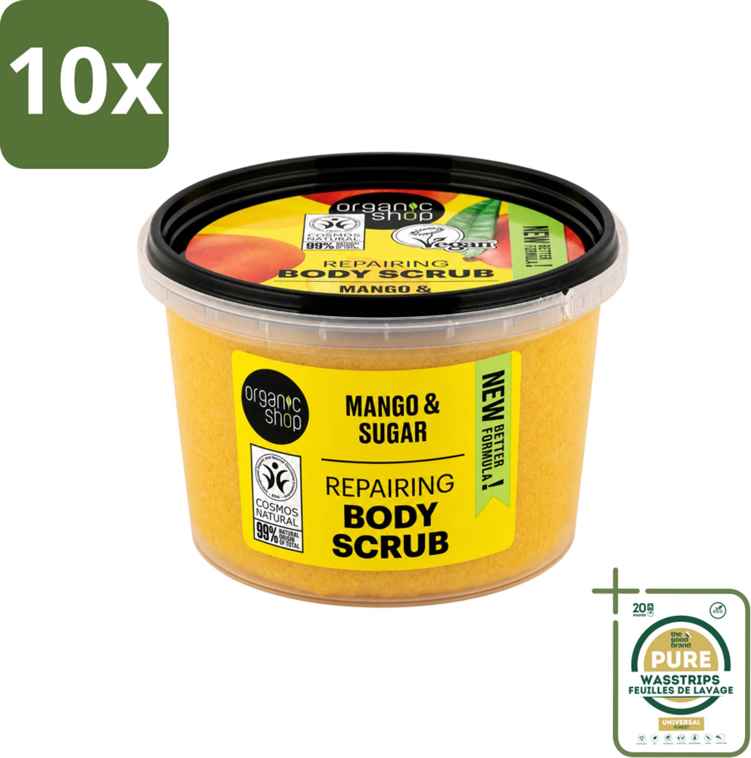 10 x Organic Shop - Organic Mango & Sugar Body Scrub - Peeling en Geur - 250 ml - Wasstrips - Organische Mango Scrub - Exfoliatie Huid - Suikerscrub - Huidvernieuwing - Biologische Mango