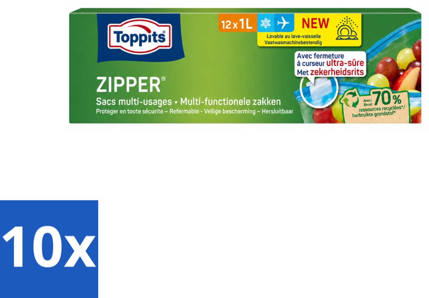 10 x Toppits – Zipper Multifunctionele Zakken – 1 Liter – 12 Zakjes - Voordeelverpakking - 10 stuks