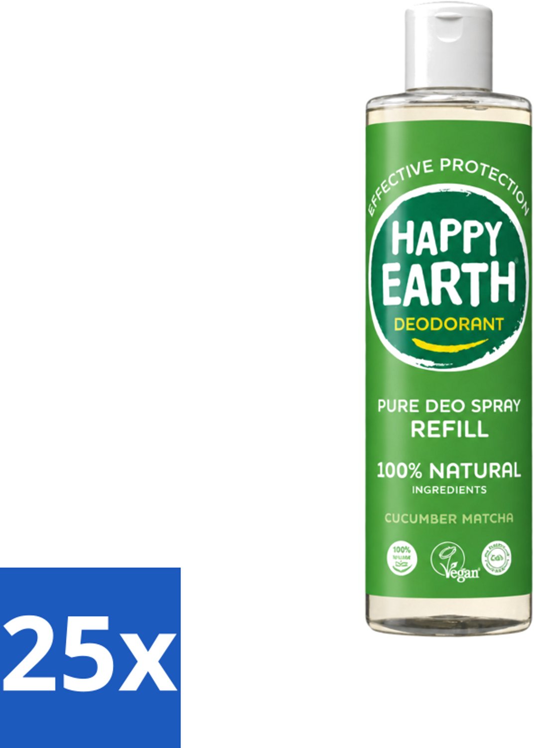 25 x Happy Earth – Deodorant Spray Navulling – 100% Natuurlijk Cucumber Matcha – 300 ml - Voordeelverpakking - 25 stuks