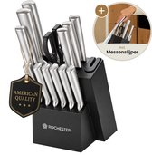 Rochester 14-delige Messenset met Blok en Messenslijper - Luxe RVS Keukenmessen met zwart Messenblok – Inclusief steakmessen, Santokumes, Broodmes, Schilmesjes en Keukenschaar - Krasbestendige Coating