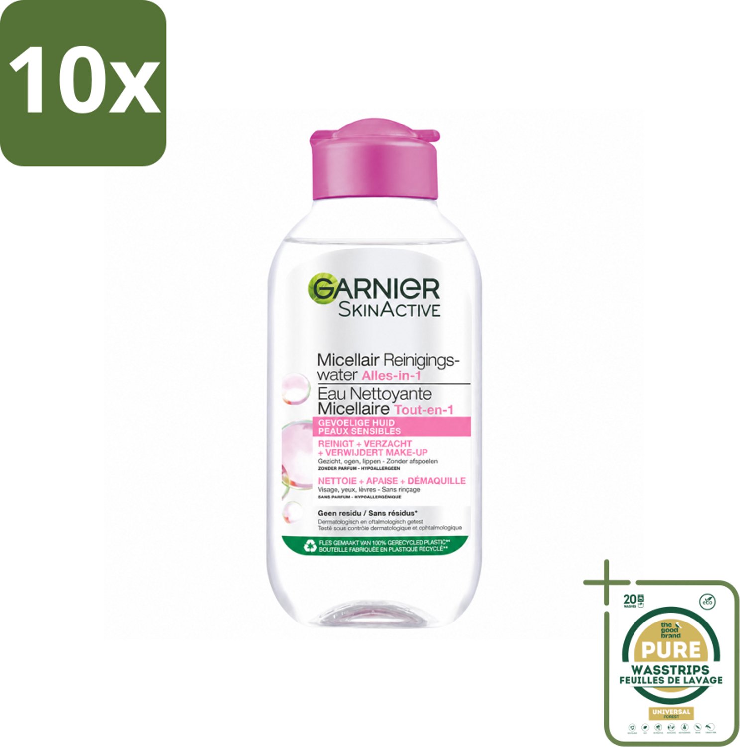 10 x Garnier - SkinActive - Micellair Reinigingswater - Gevoelige Huid - Reisformaat - 100 ml - Wasstrips - Gevoelige Huid Reinigen - Micellair Reinigingswater - Gezicht Reinigen - Make-up Verwijderen - Huid Verzachten