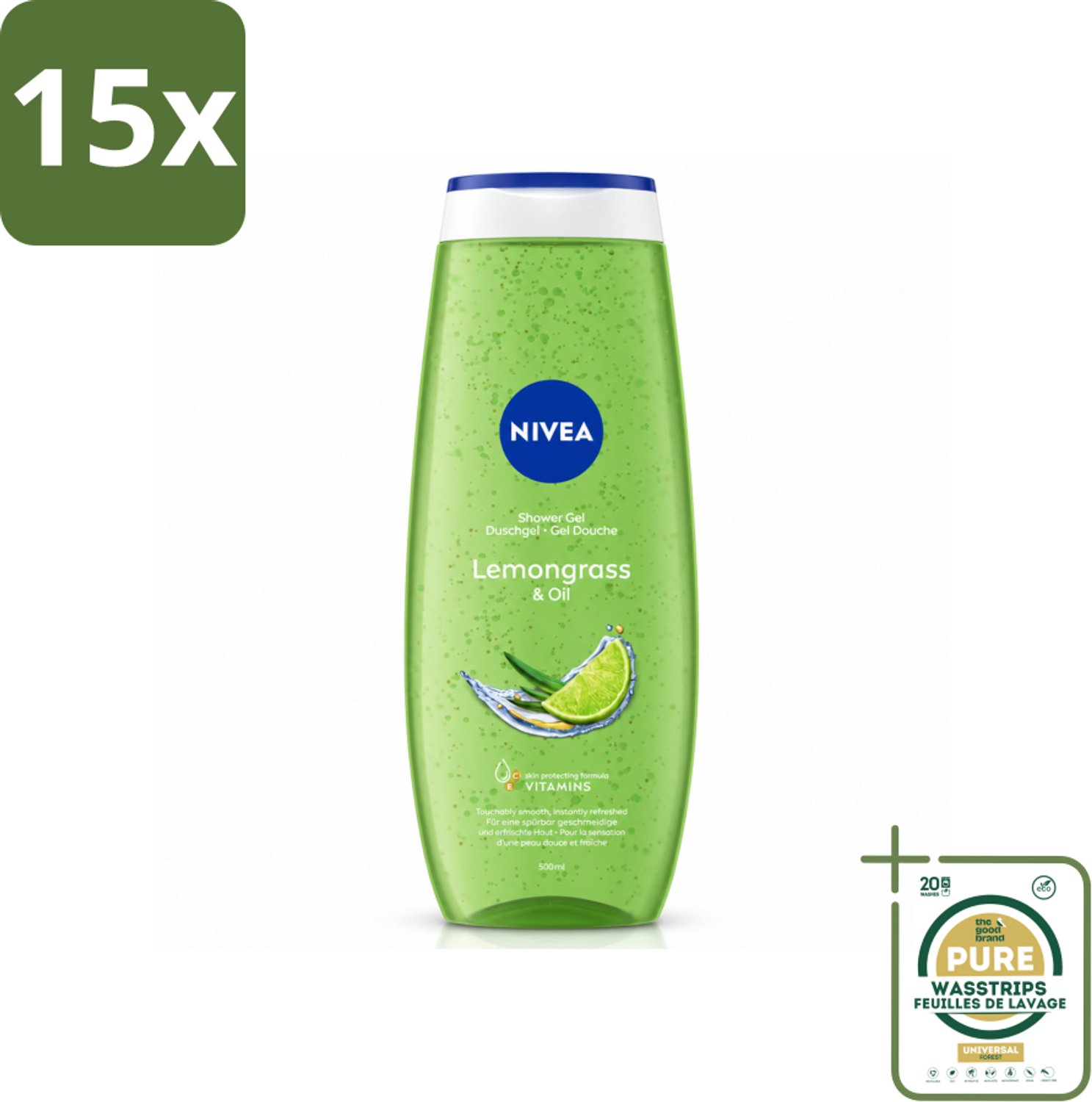 15 x NIVEA - Douchegel - Citroengras & Olieverzorging - Glad & Verfrissend Huidgevoel - 500 ml - Wasstrips - Douchegel Citroengras - Verzorging Huid - Frisse Geur - Natuurlijke Oliën - Zachte Reiniging