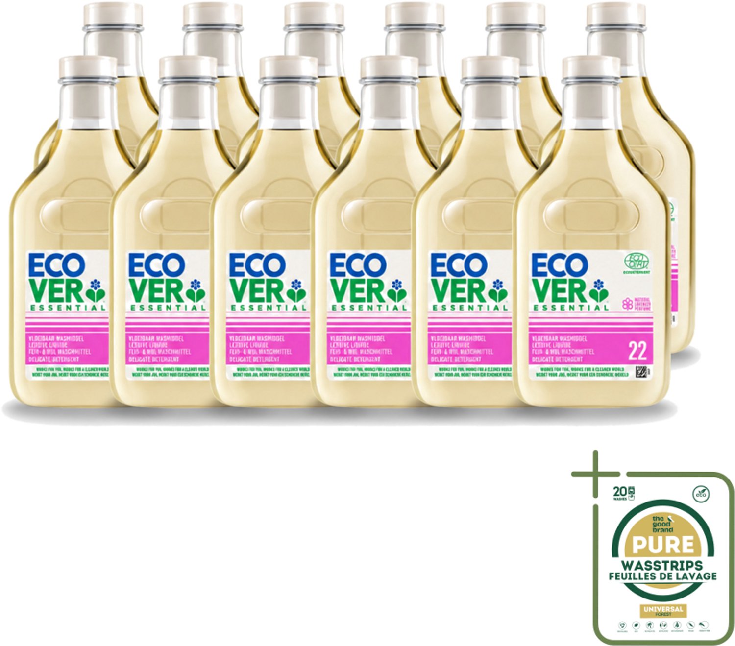 12 x Ecover - Vloeibaar wasmiddel Essential - Wol & Fijnwas - 1 liter - 22 wasbeurten - Wasstrips - Wasmiddel Wol En Fijnwas - Zachte Wasmiddel - Delicate Stoffen Wasmiddel - Natuurlijk Wasmiddel - Milieuvriendelijk Wasmiddel