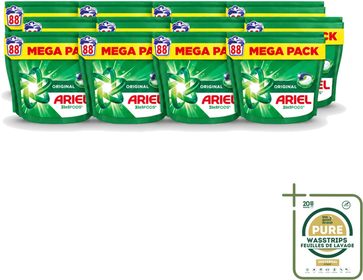 12 x Ariel - 3in1 Wasmiddel Pods - Original - 88 Pods - Wasstrips - Ariel 3in1 Wasmiddel - Wasmiddel Pod - Wasmiddel Voor Koud Water - Frisse Geur Wasmiddel - 3-in-1 Wasmiddel