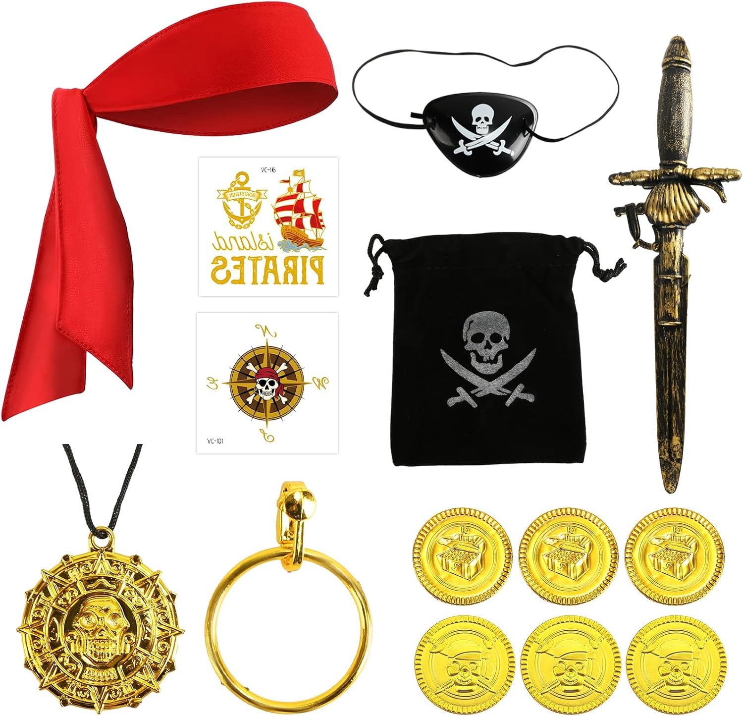 Accessoires met kompas, portemonnee, oorring, piratenkostuum, accessoires voor carnaval, Halloween en piratenfeest, kinderen, meisjes