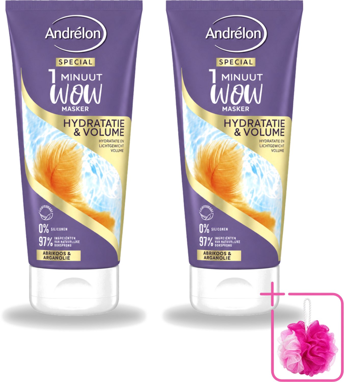 2 x Andrélon - WOW - 1 Minuut Masker - Hydratatie & Volume - 180 ml - Bulkverpakking - 1 minuut masker - Douchemop - Hydratatie haar