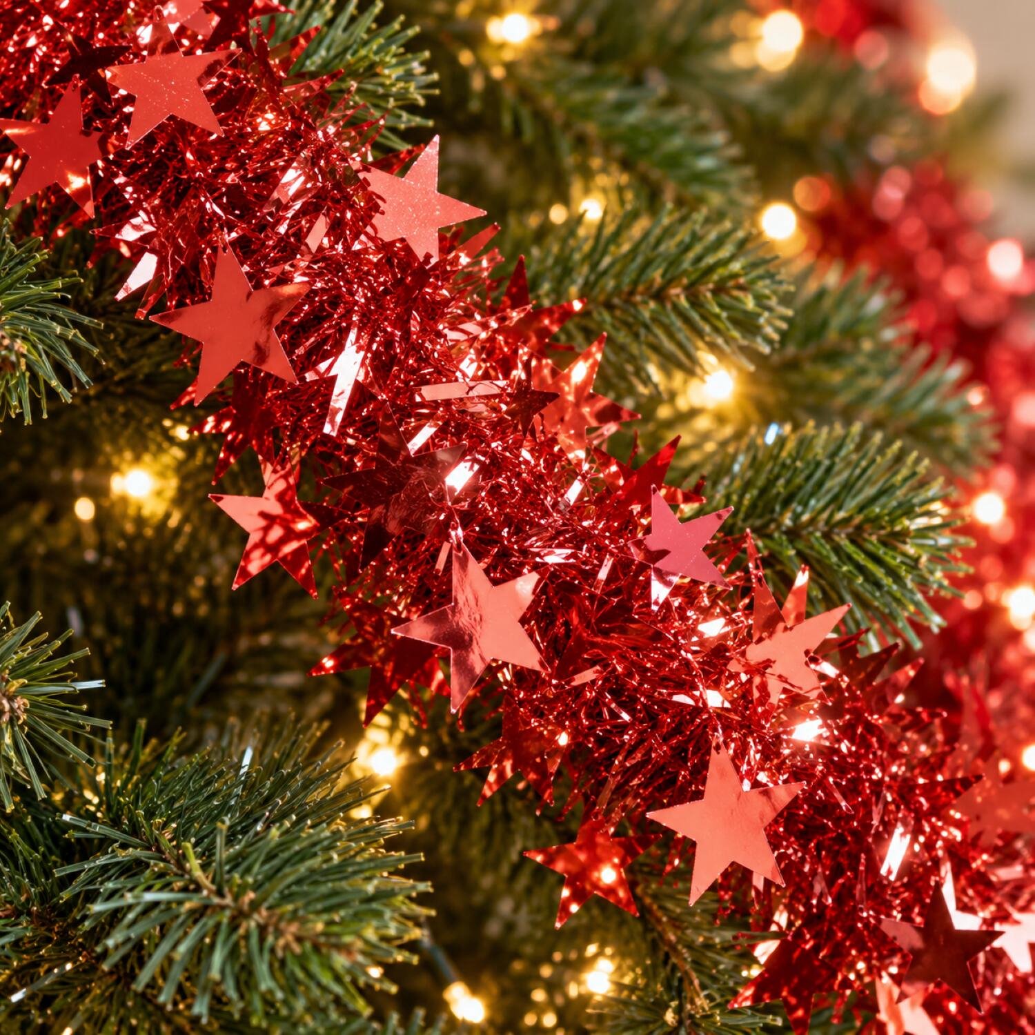 4x inge-glas kerstslinger rood - 750 cm - glanzende folie - spiraal met sterren - slingers - kerstversiering