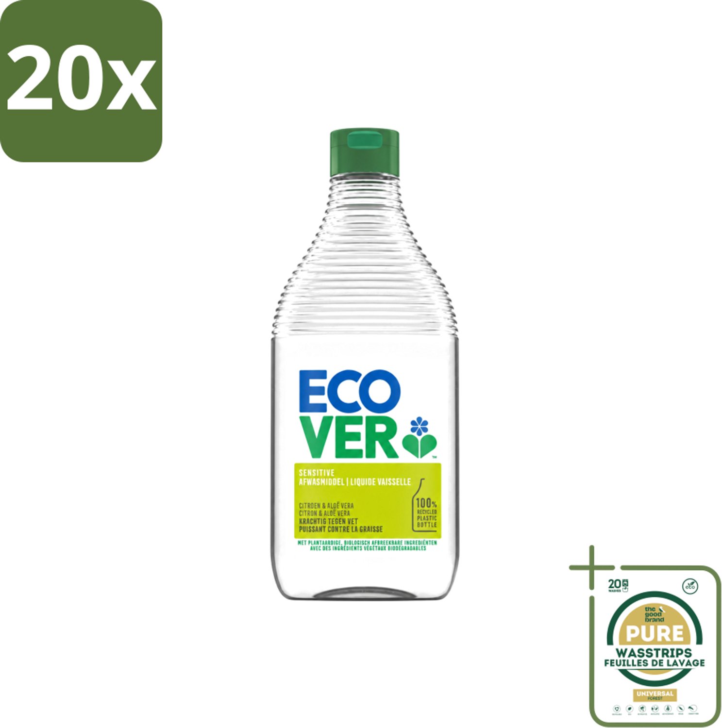 20 x Ecover - Afwasmiddel - Citroen & Aloë Vera - 450 ml - Wasstrips - Afwasmiddel Citroen Aloë Vera - Milieuvriendelijk Afwasmiddel - Plantaardig Afwasmiddel - Biologisch Afbreekbaar - Huidvriendelijk Afwasmiddel