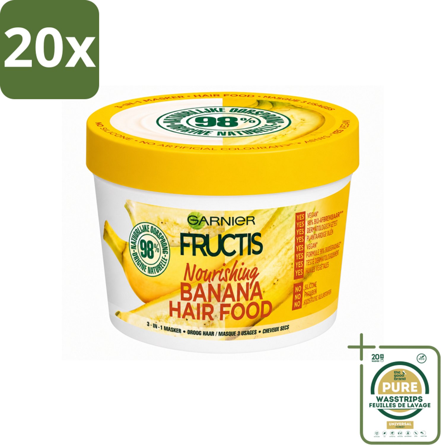 20 x Garnier - Fructis Hair Food Banana - 3-in-1 Haarmasker - Voedend - Droog Haar - 400 ml - Wasstrips - Haarmasker - Kokosmelk - Macadamia - Droog Haar - Haarvoeding