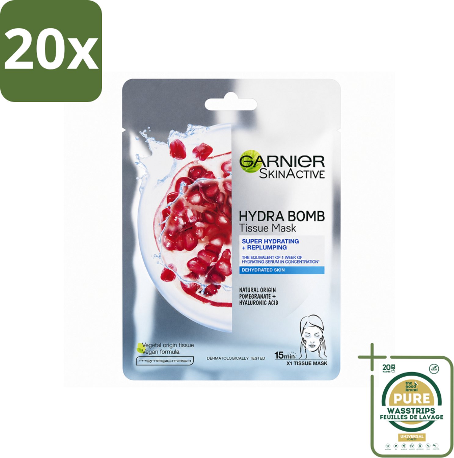 20 x Garnier - SkinActive - Hydra Bomb Sheet Mask - Granaatappel - Gezichtsmasker - 1 Gezichtsreinigingsmiddel - Wasstrips - Gezichtsverzorging - Gezichtsmasker - Hydraat - Huidverzorging - Droge Huid