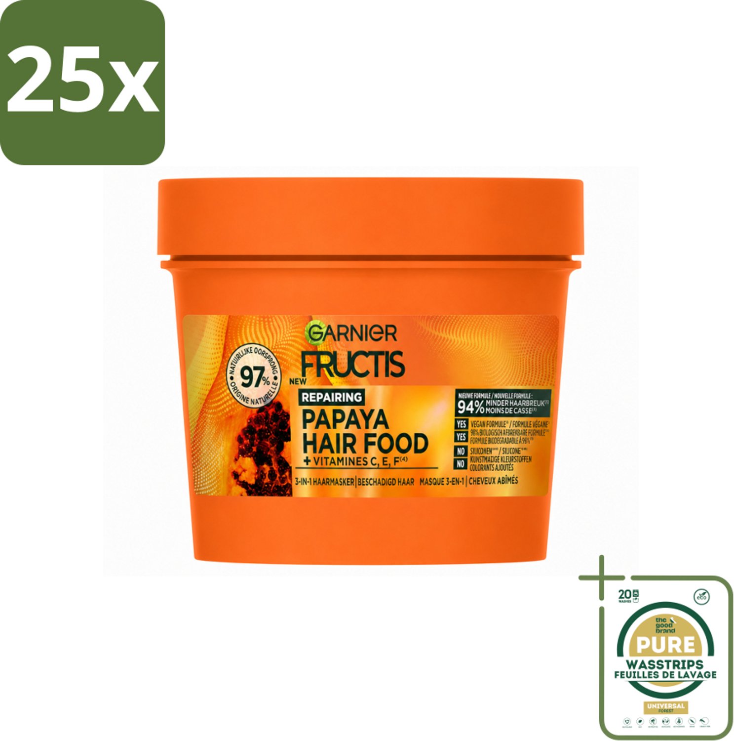 25 x Garnier - Fructis Hair Food Papaya - 3-in-1 Haarmasker - Beschadigd Haar - 400 ml - Wasstrips - Haarherstel - Haarmasker - Beschadigd Haar - Papaya - Kokosolie