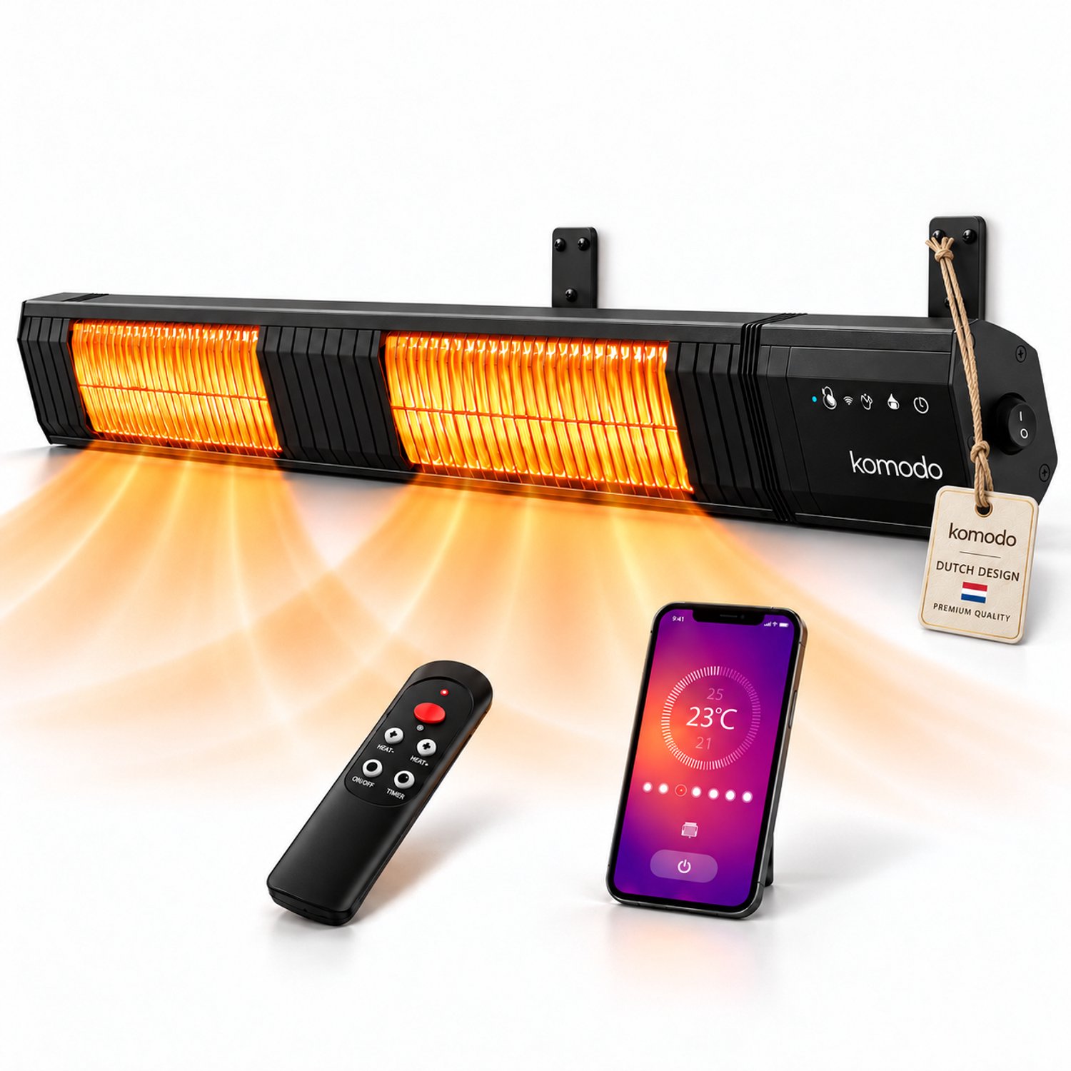 Komodo Terrasverwarmers Flores 3000W - 9 Verschillende Standen - Voor 35m2 - Infrarood Verwarming - Afstandsbediening & App - Oscillatie - LED-display - Zwart