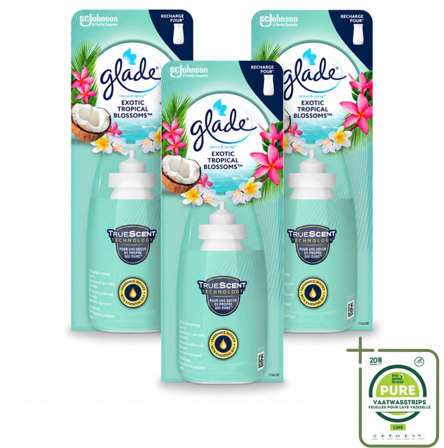 3 x Glade – Sense & Spray Navulling – Exotic Tropical Blossoms – 18 ml - Grootverpakking - Vaatwasstrips - Tropische Geur - Bewegingssensor - Kokos En Bloemen - Luchtverfrisser - Exotische Geur