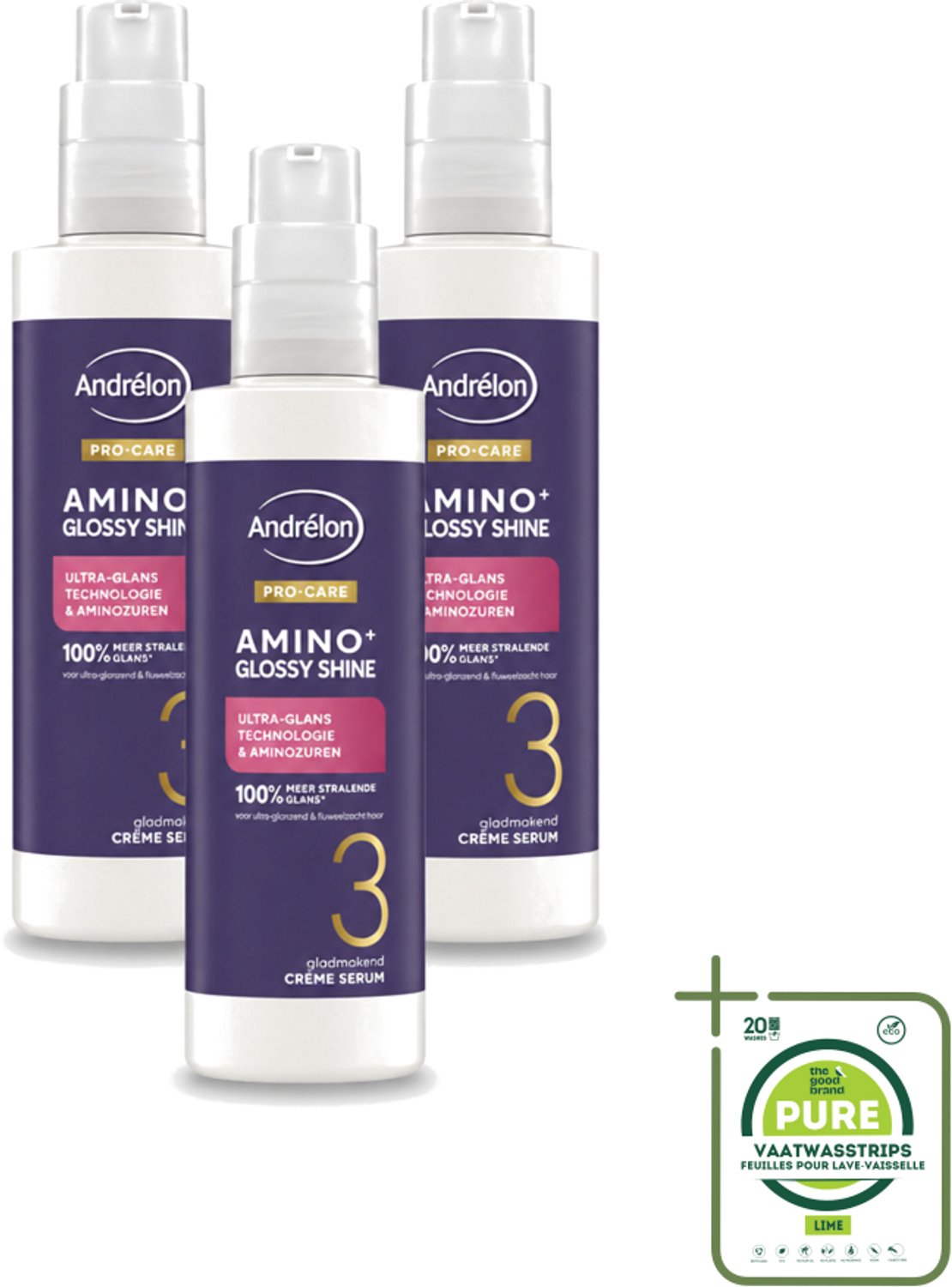 3 x Andrélon – Crème Serum – Pro Care Amino+ Glossy Shine – 200 ml - Grootverpakking - Vaatwasstrips - Glans Haar - Glad Haar - Stralend Haar - Aminozuren Haar - Haar Verzorging