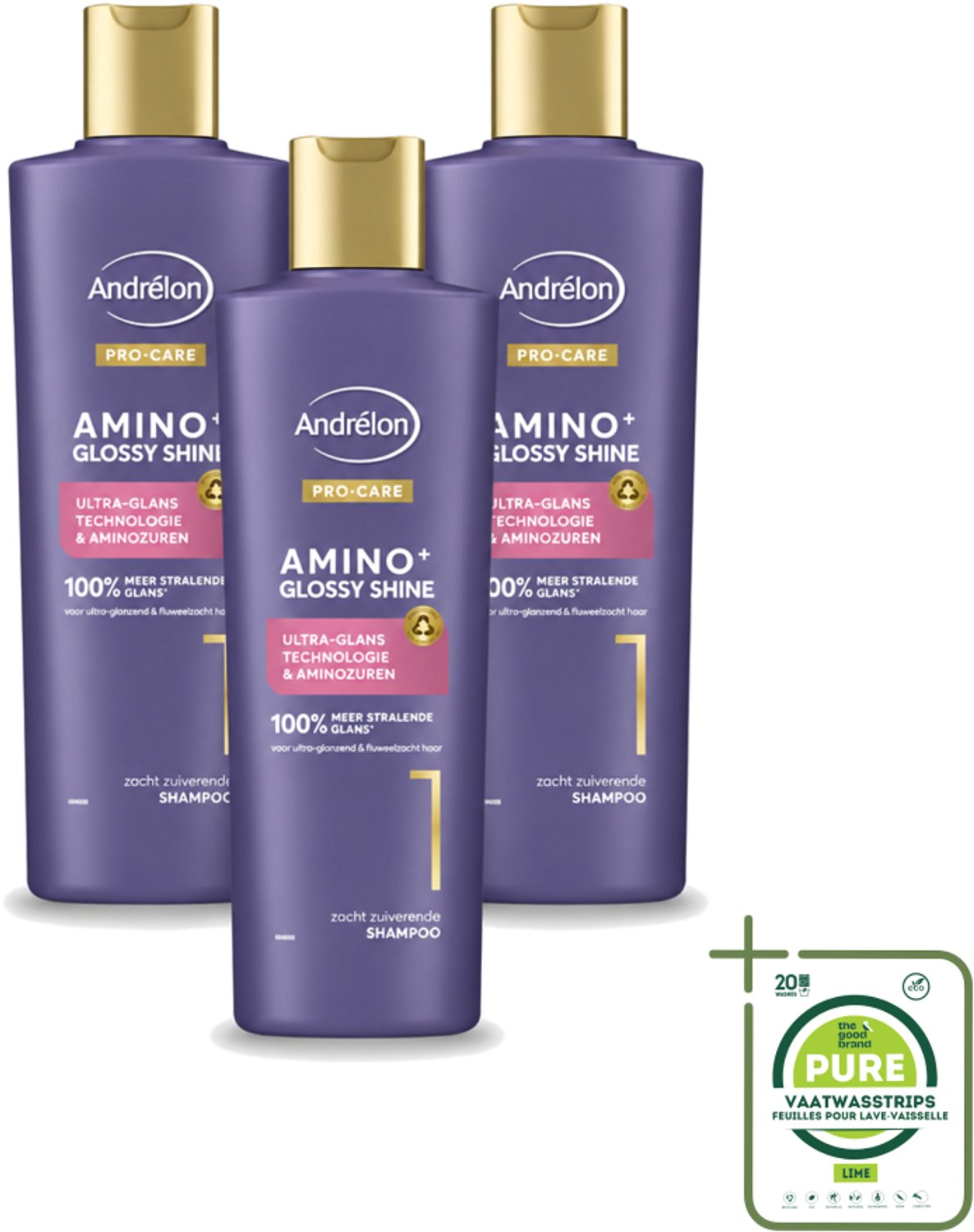 3 x Andrélon – Shampoo – Pro Care Amino+ Glossy Shine – 250 ml - Grootverpakking - Vaatwasstrips - Glans Haar - Zachtheid Haar - Stralend Haar - Gezond Haar - Stug Haar